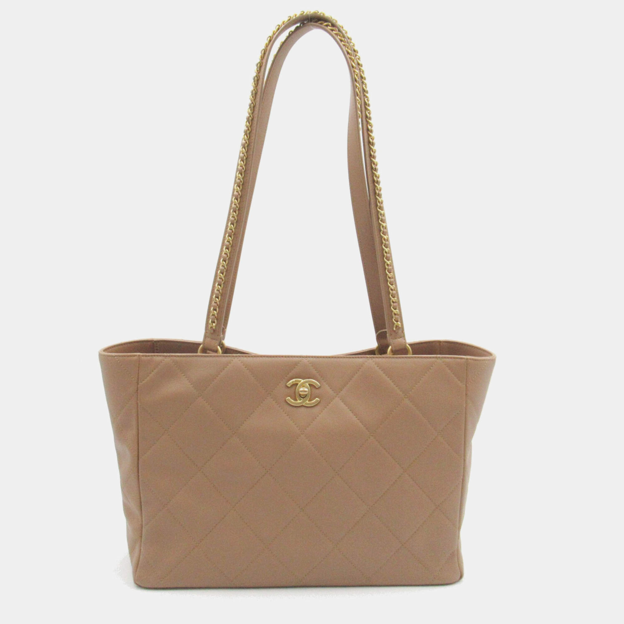 Chanel Beige Calfskin Quilted Book Pocket Shopping Tote Bag