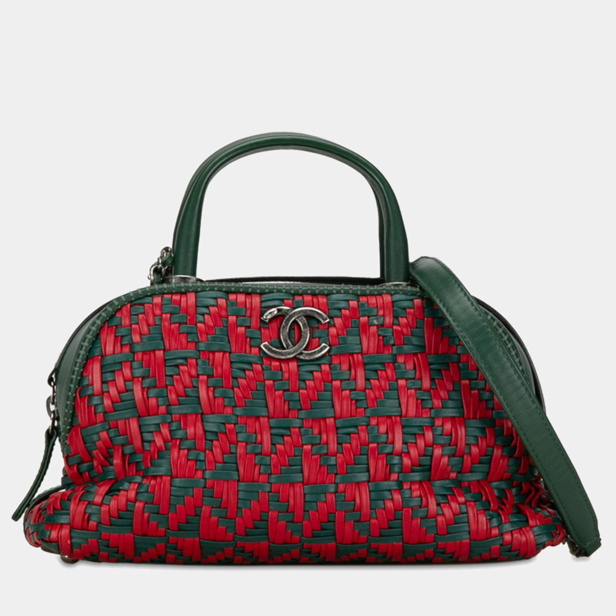 Chanel Green/Red Calfskin Woven Leather Bowling Bag