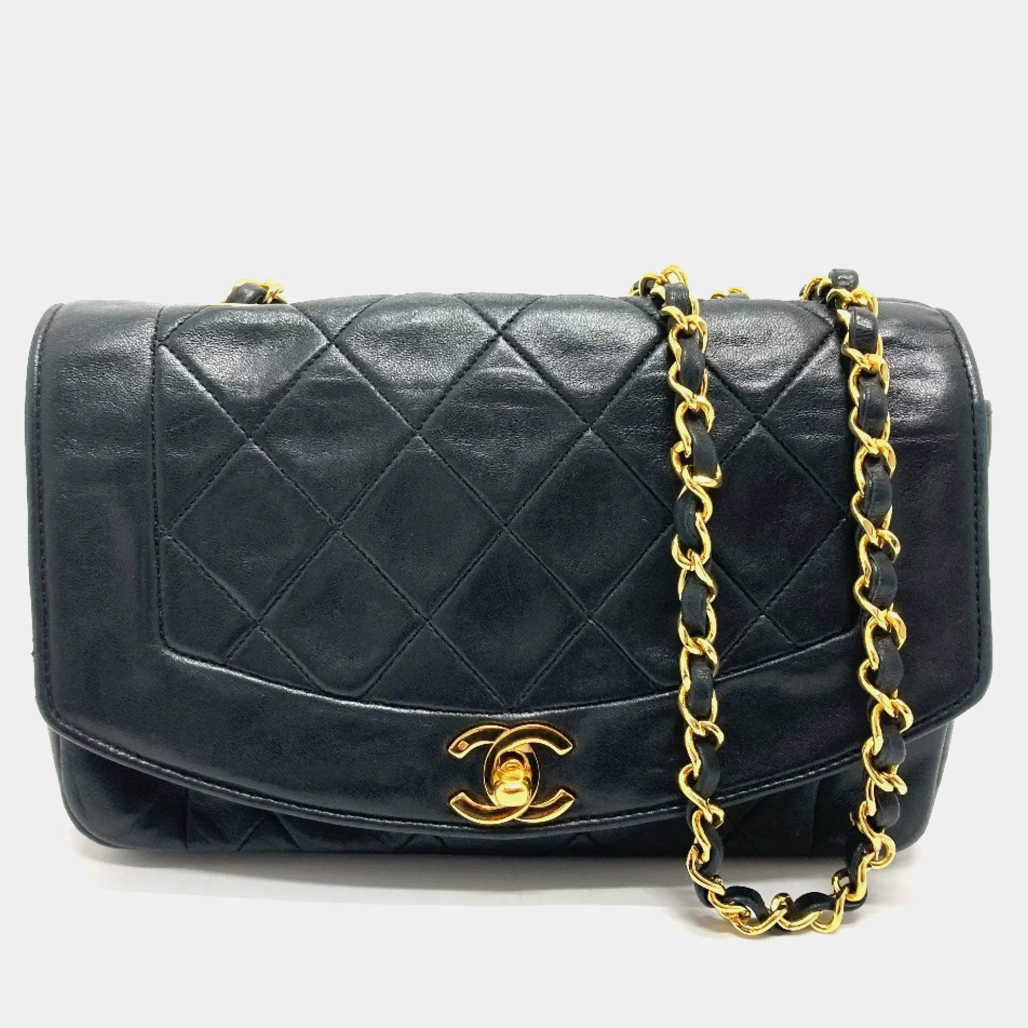 Pre Owned Chanel Black Leather Quilted Vintage Diana Flap Shoulder Bag
