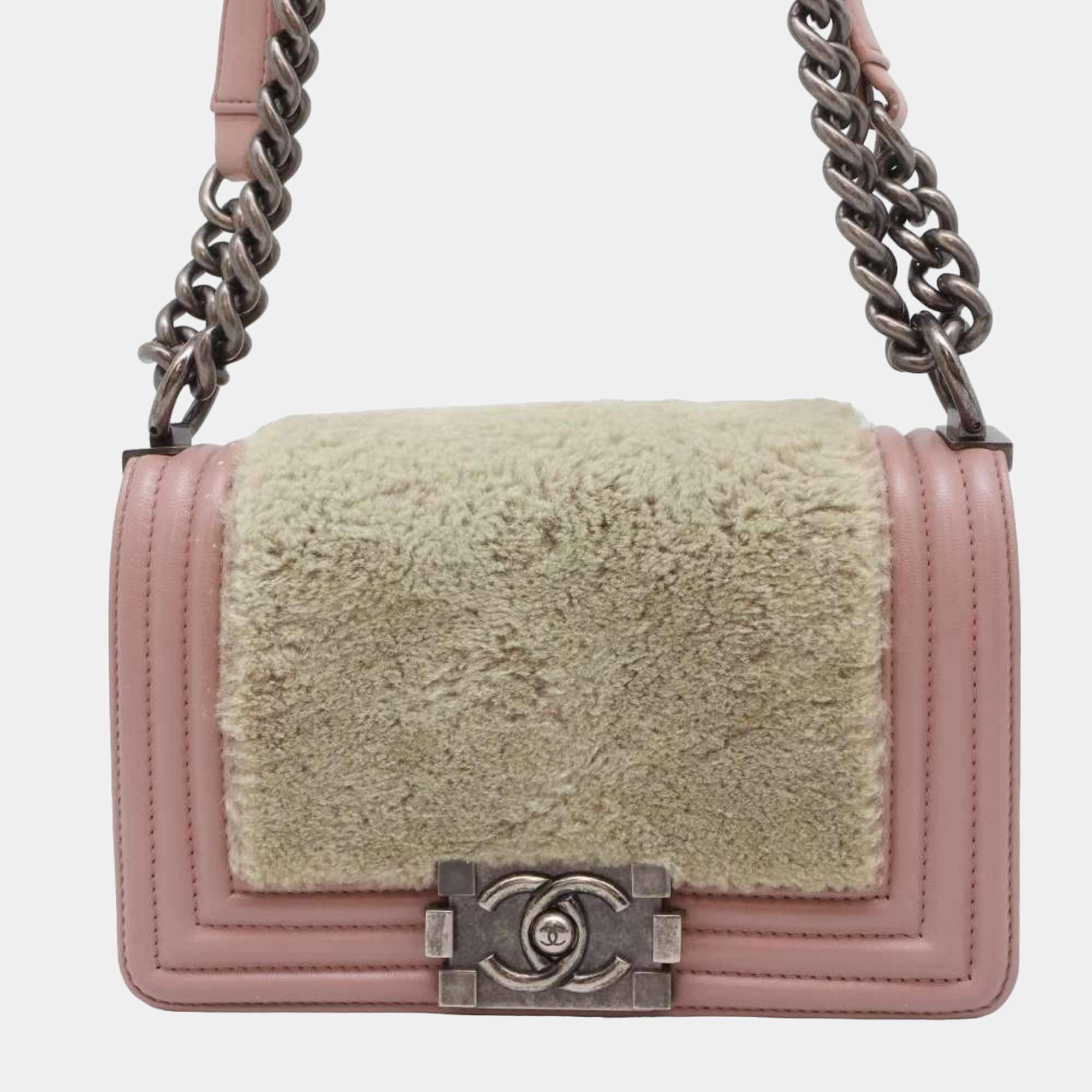 Chanel Pink/Beige Leather and Shearling Boy Shoulder Bag