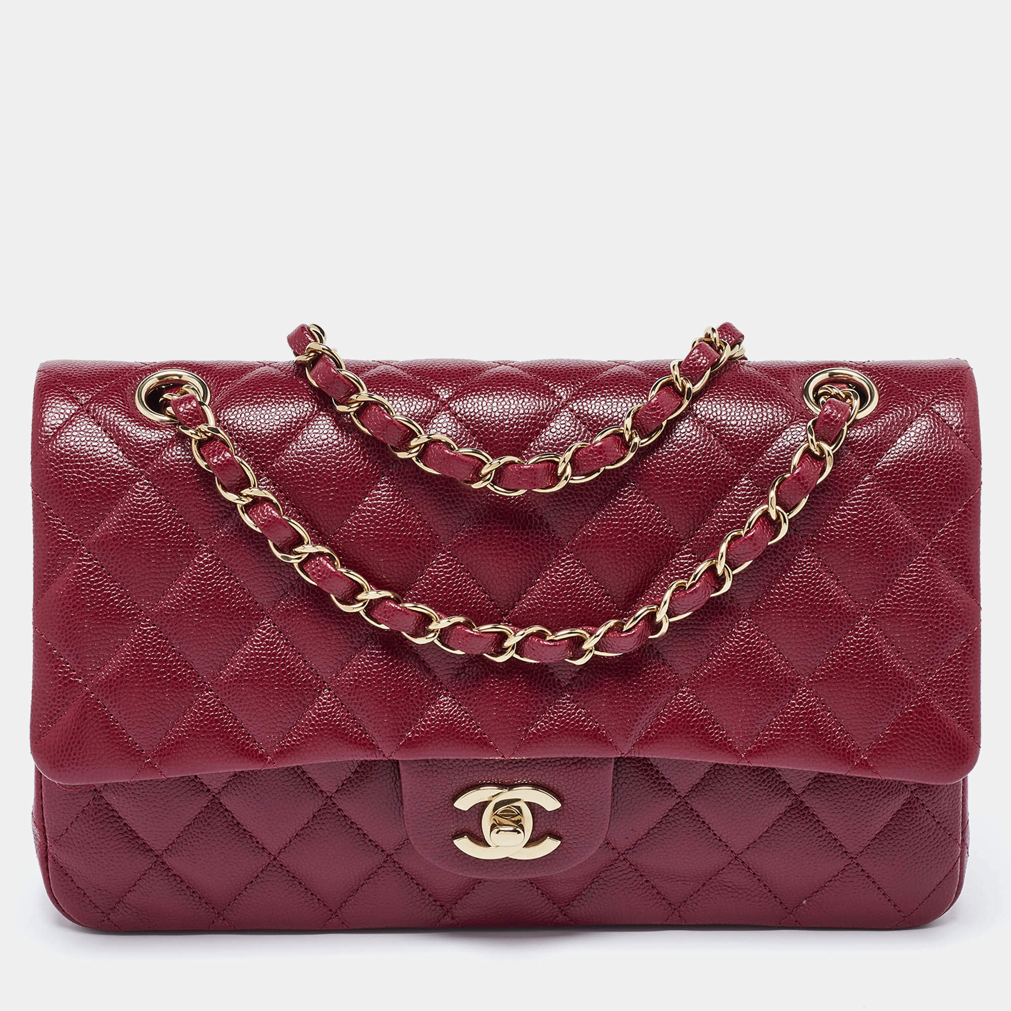 Pre Owned Chanel Red Quilted CaviarLeather Medium Classic Double Flap Bag