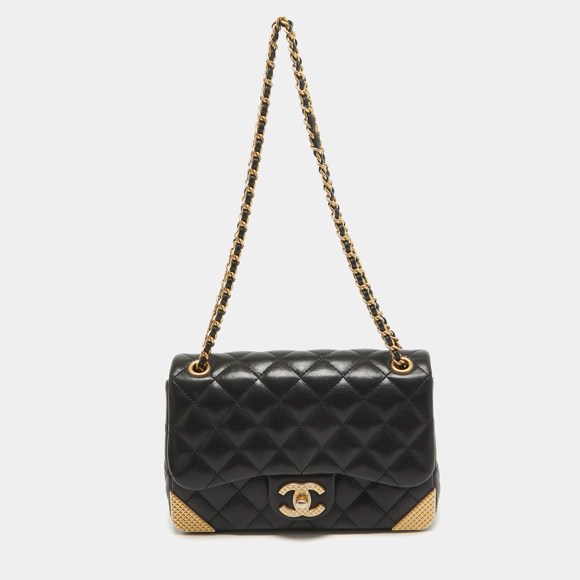 Pre Owned Chanel Black Quilted Leather Mini Rock The Corner Flap Bag