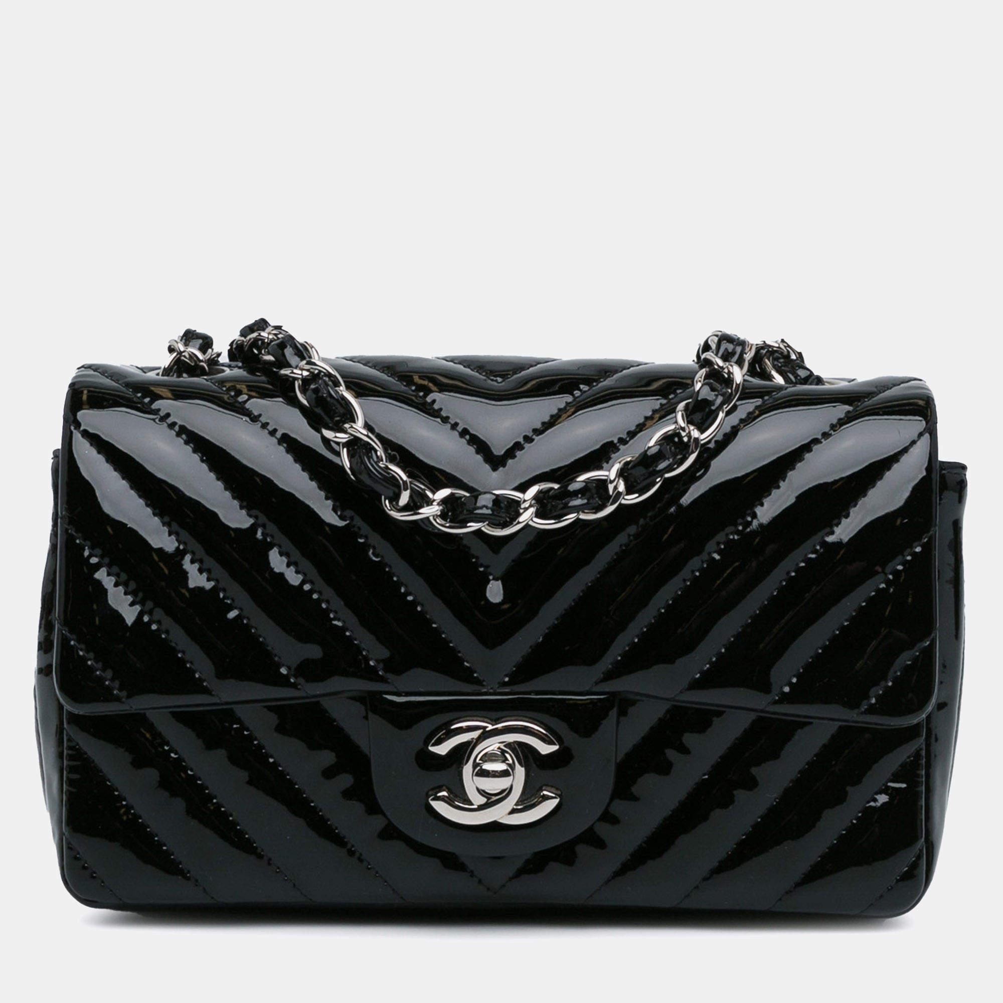 Pre Owned Chanel Mini Rectangular Classic Chevron Patent Single Flap Bag