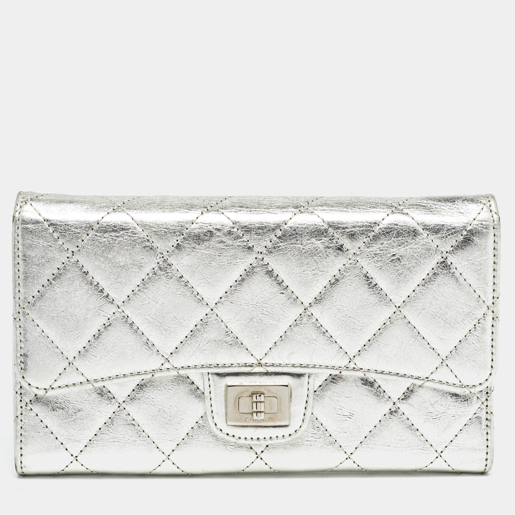 Chanel Silver Quilted Patent Leather Reissue Continental Wallet