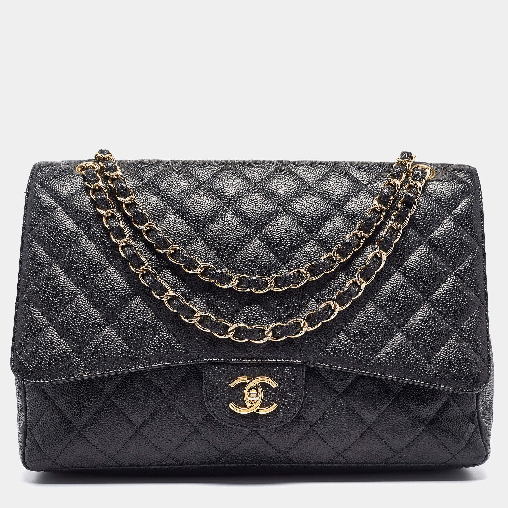 Pre Owned Chanel Black Quilted Caviar Leather Maxi Classic Single Flap Bag