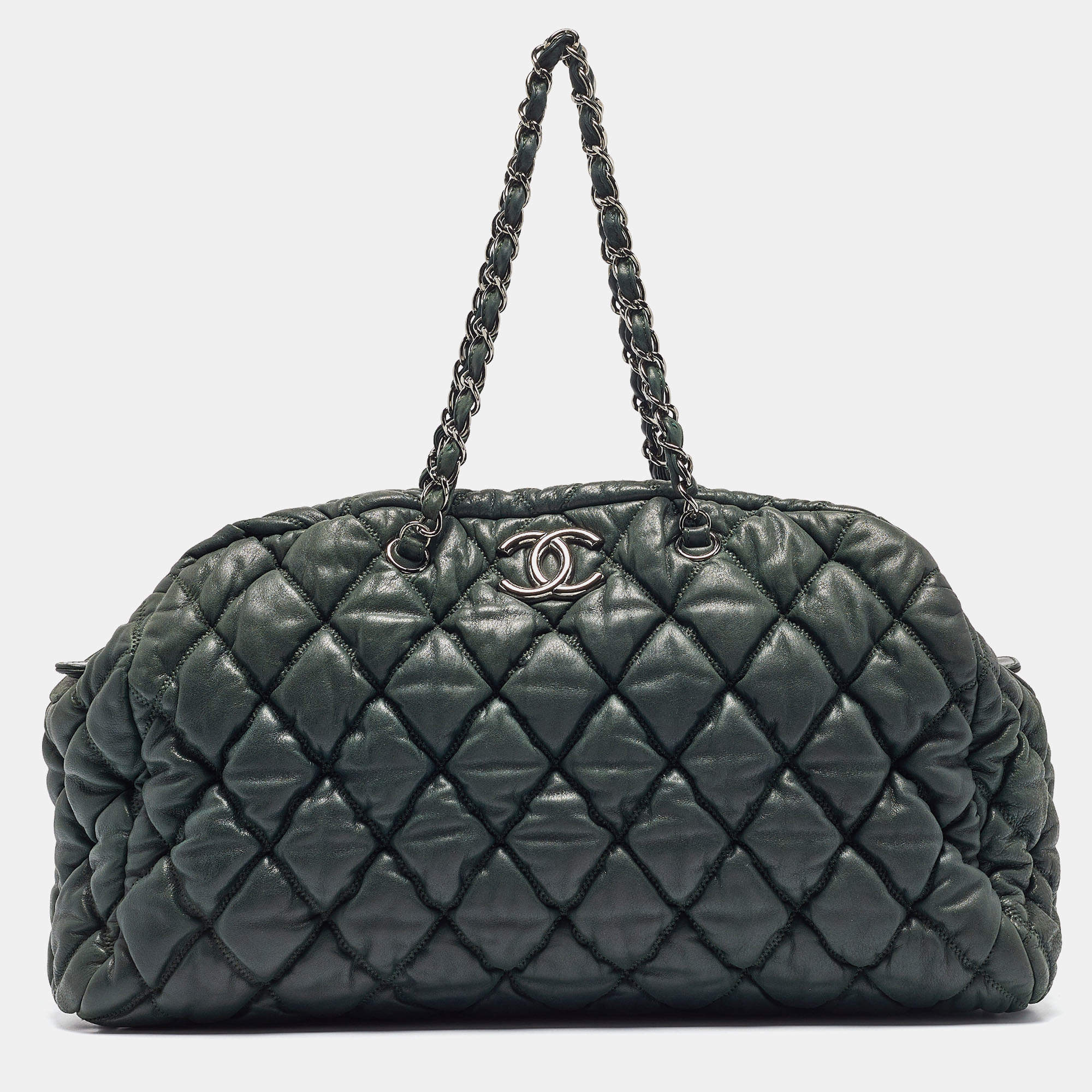 Pre Owned Chanel Dark Green Black Bubble Quilted Leather Bowler Bag