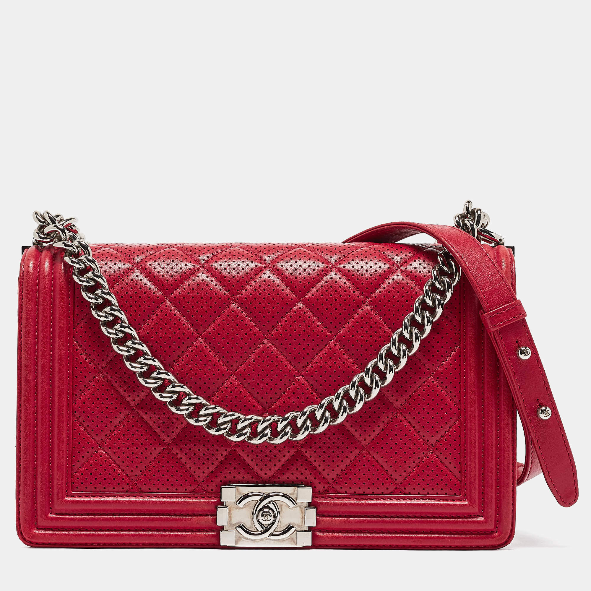 Pre Owned Chanel Red Quilted Perforated Leather New Medium Boy Bag