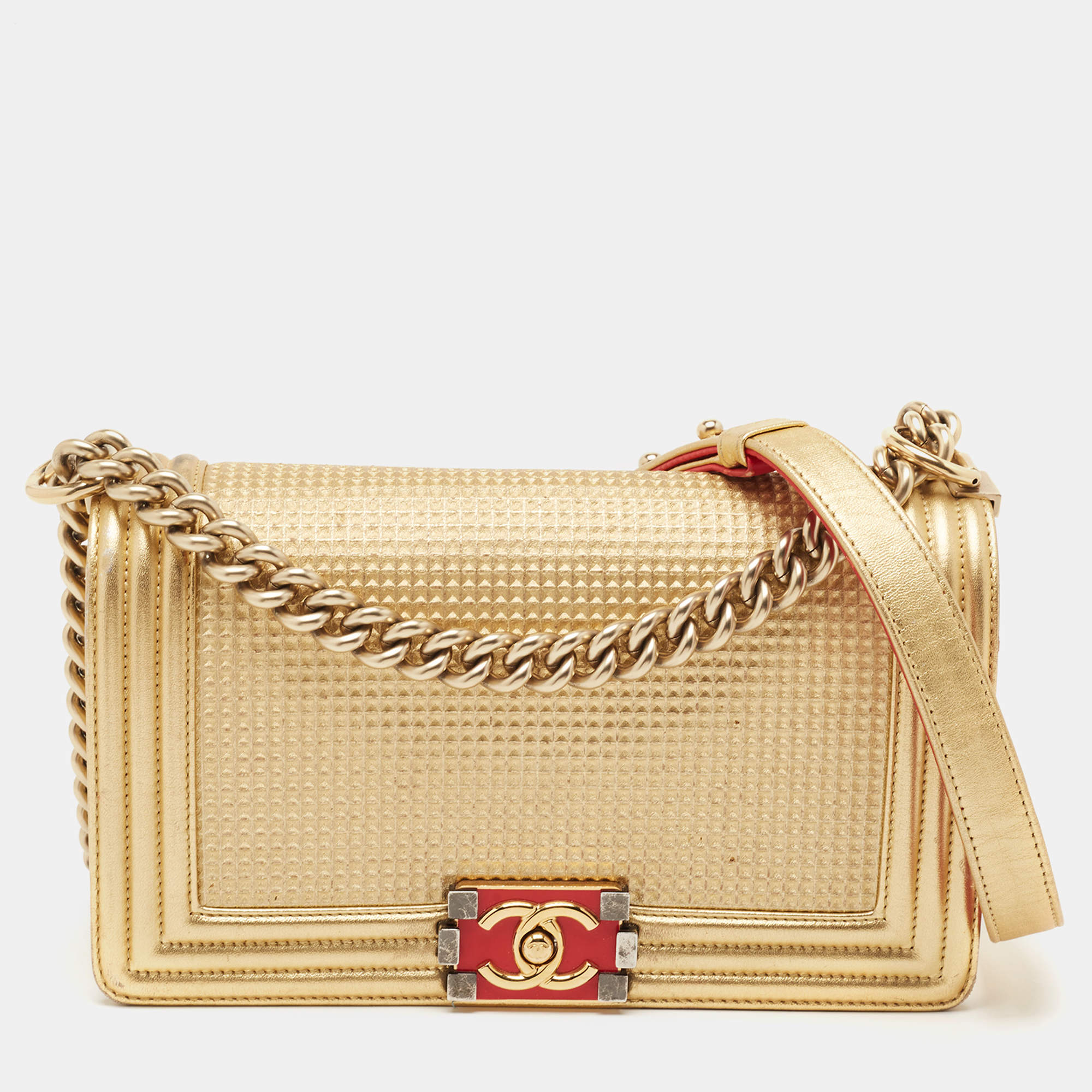 Chanel Gold Woven Embossed Leather Medium Boy Flap Bag