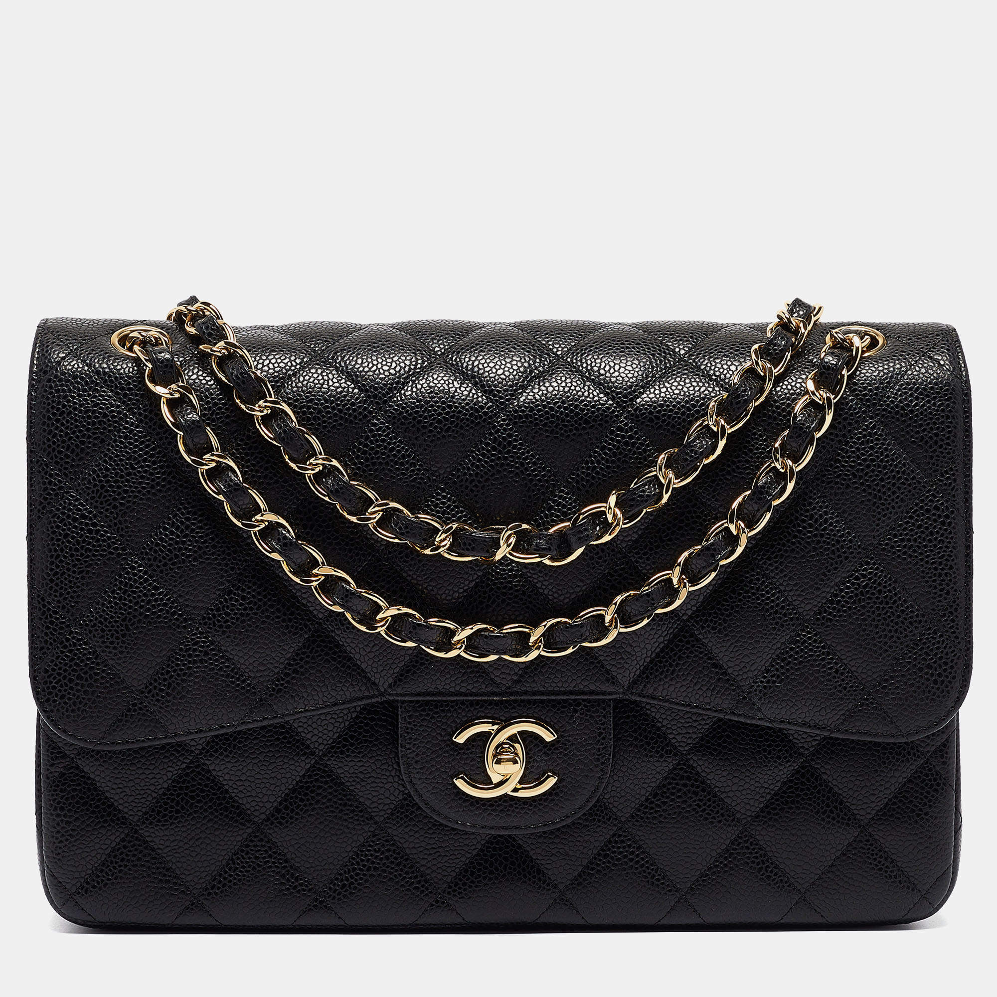 Pre Owned Chanel Black Quilted Caviar Leather Jumbo Classic Double Flap Bag