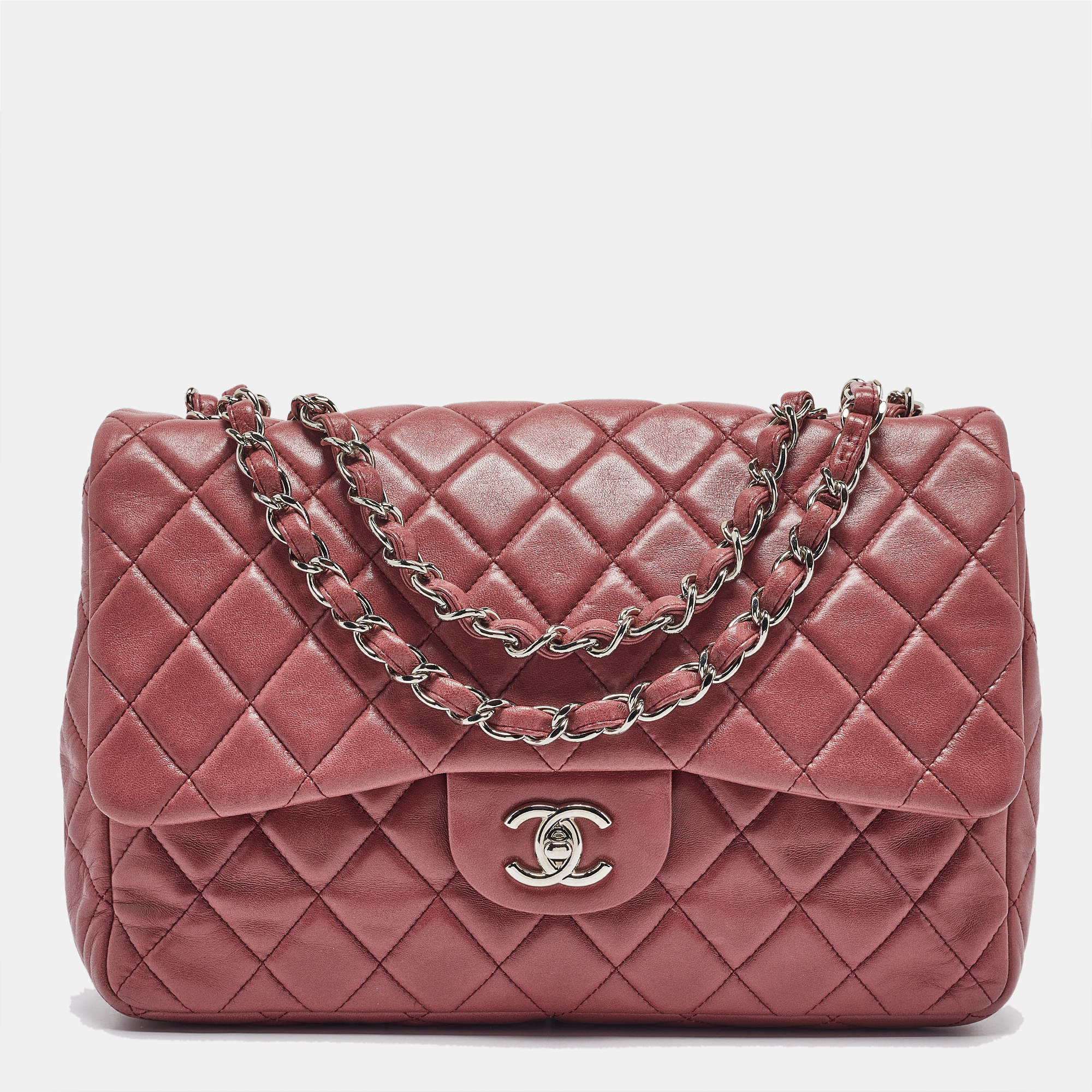Pre Owned Chanel Pink Quilted Leather Jumbo Classic Single Flap Bag
