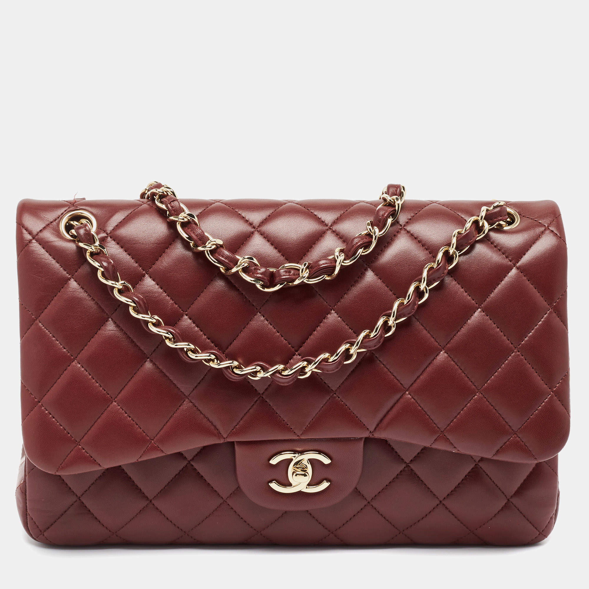 Pre Owned Chanel Burgundy Quilted Leather Jumbo Classic Double Flap Bag