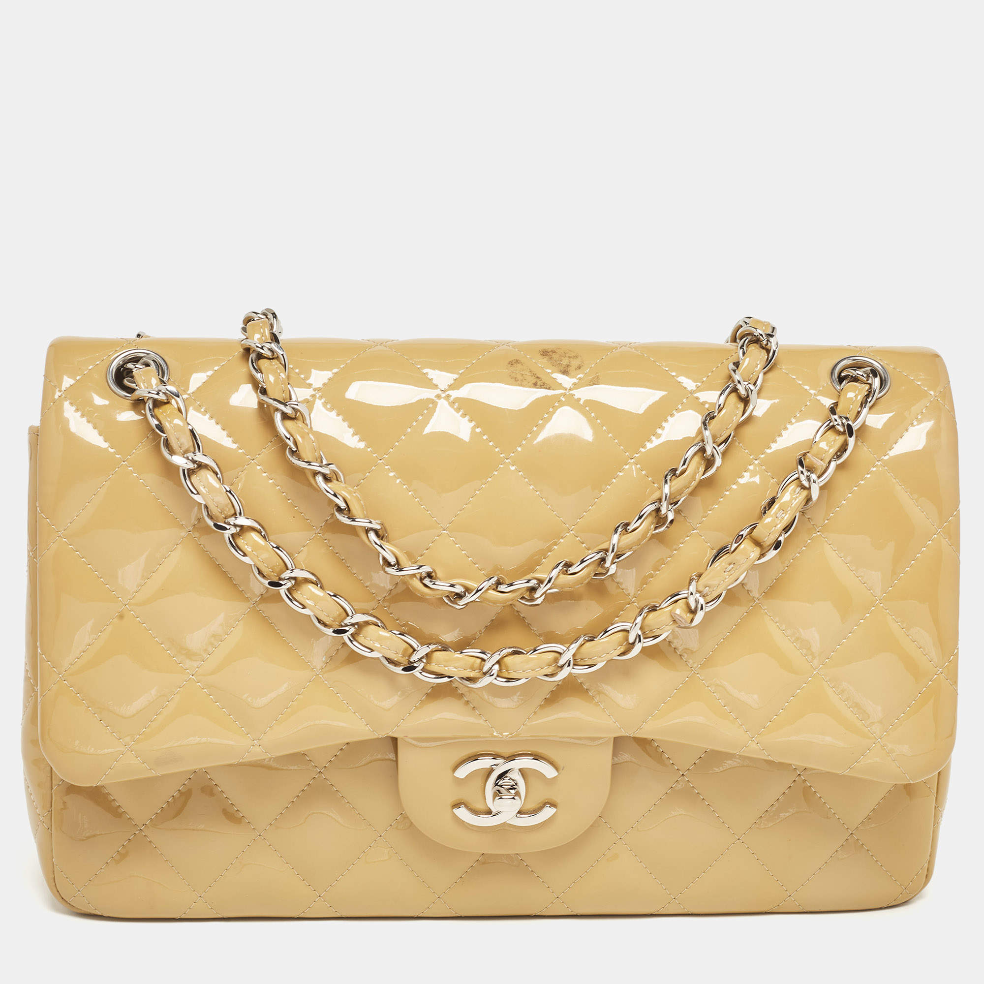 Pre Owned Chanel Cream Quilted Patent Leather Jumbo Classic Double Flap Bag