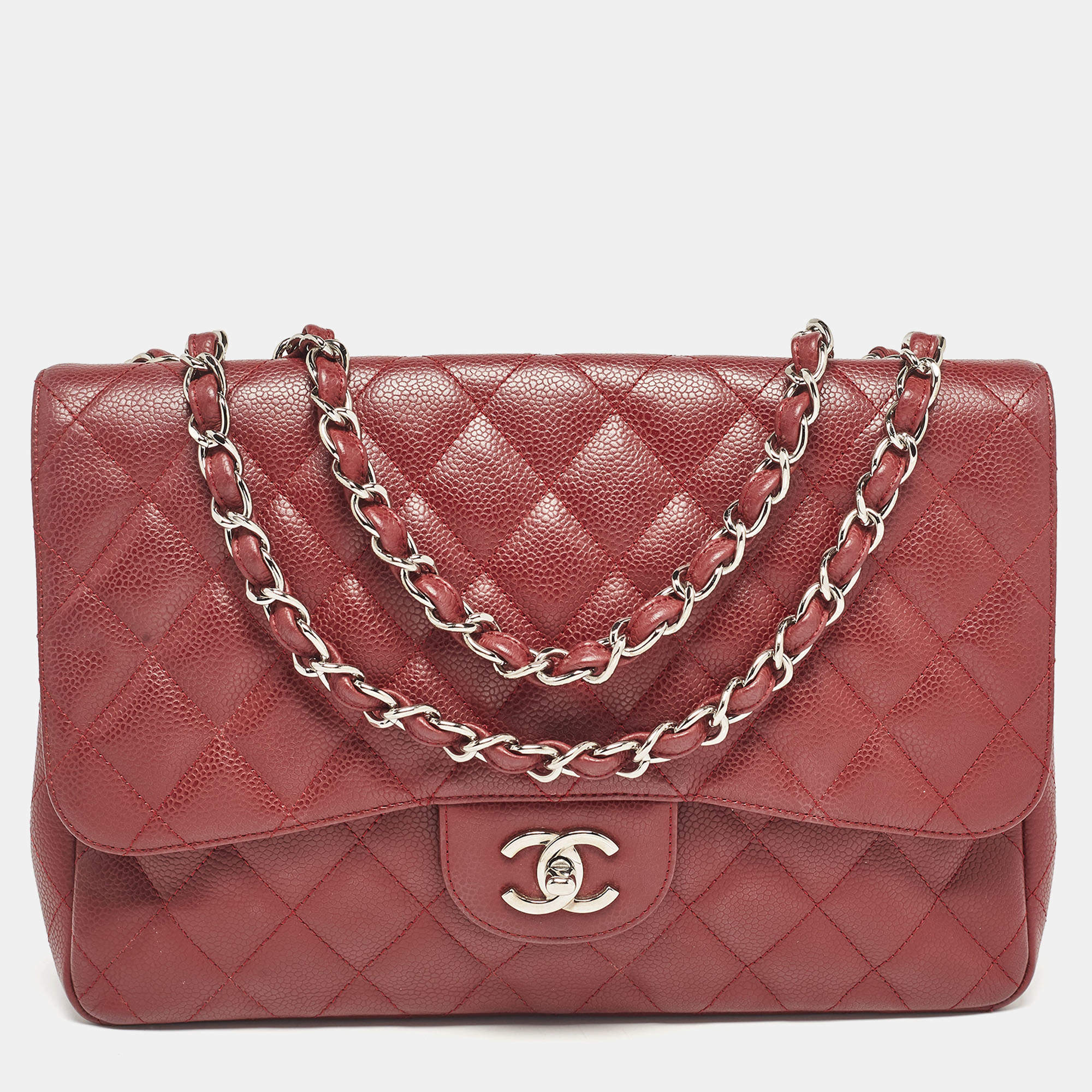 Pre Owned Chanel Red Quilted Caviar Leather Jumbo Classic Single Flap Bag