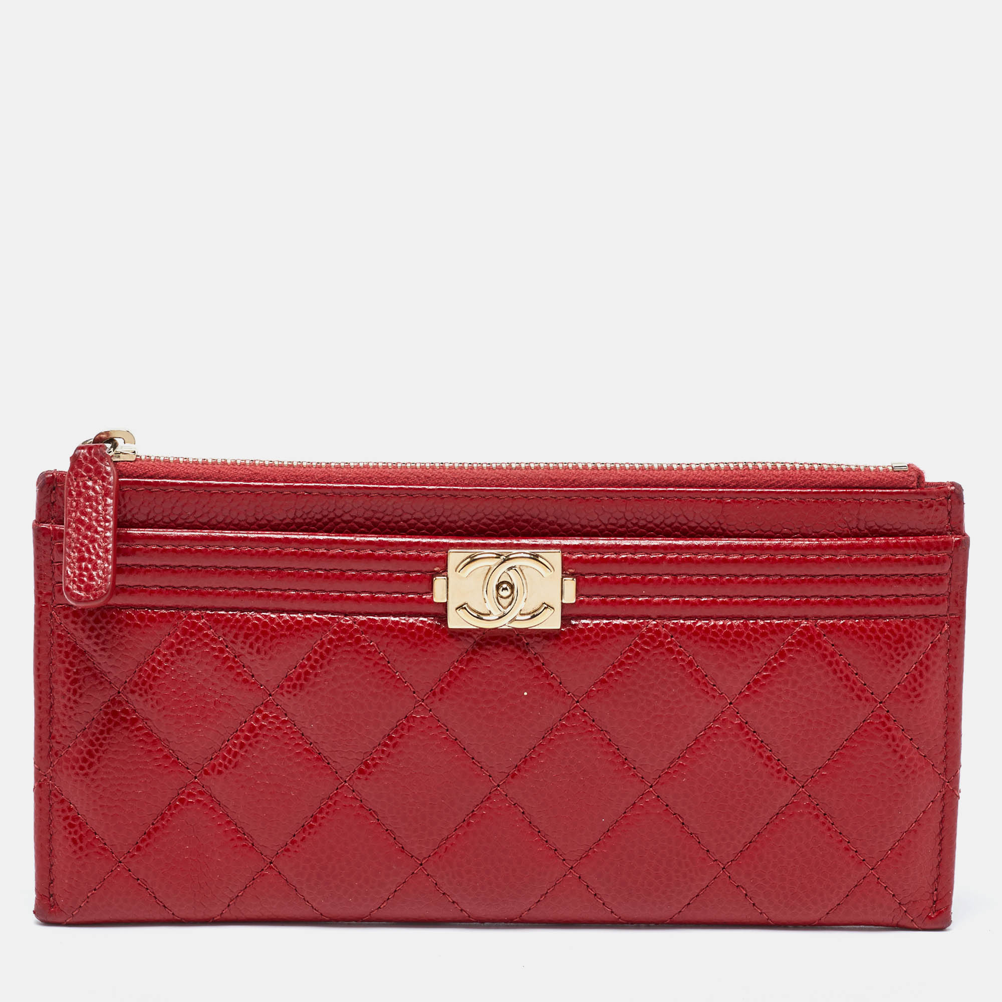 Chanel Red Quilted Caviar Leather Zip Classic Boy Pouch