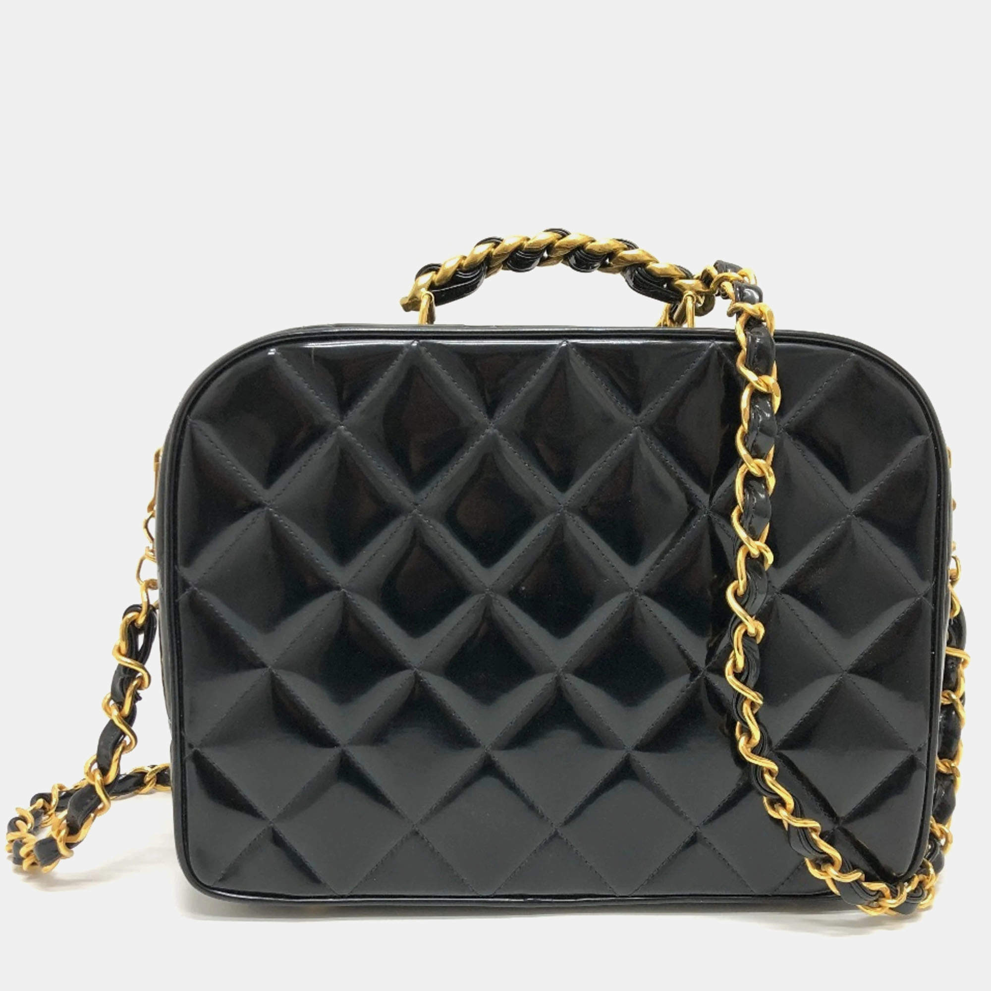 Chanel Black Patent Leather Vintage Lunch Box Crossbody Bag