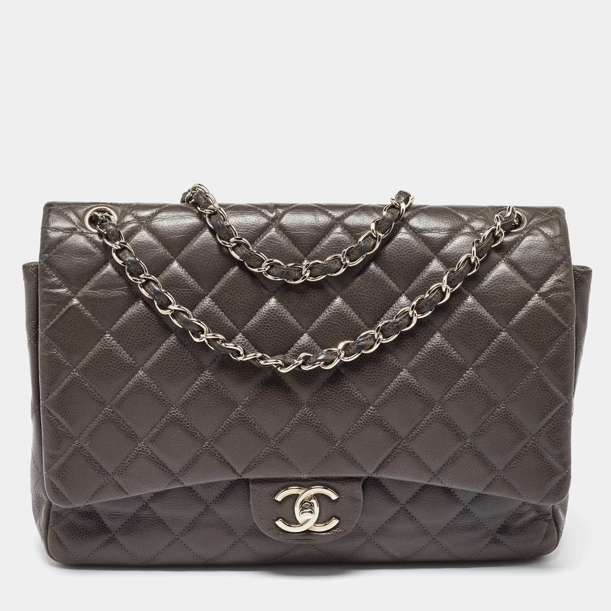 Chanel Grey Quilted Caviar Leather Maxi Classic Double Flap Bag