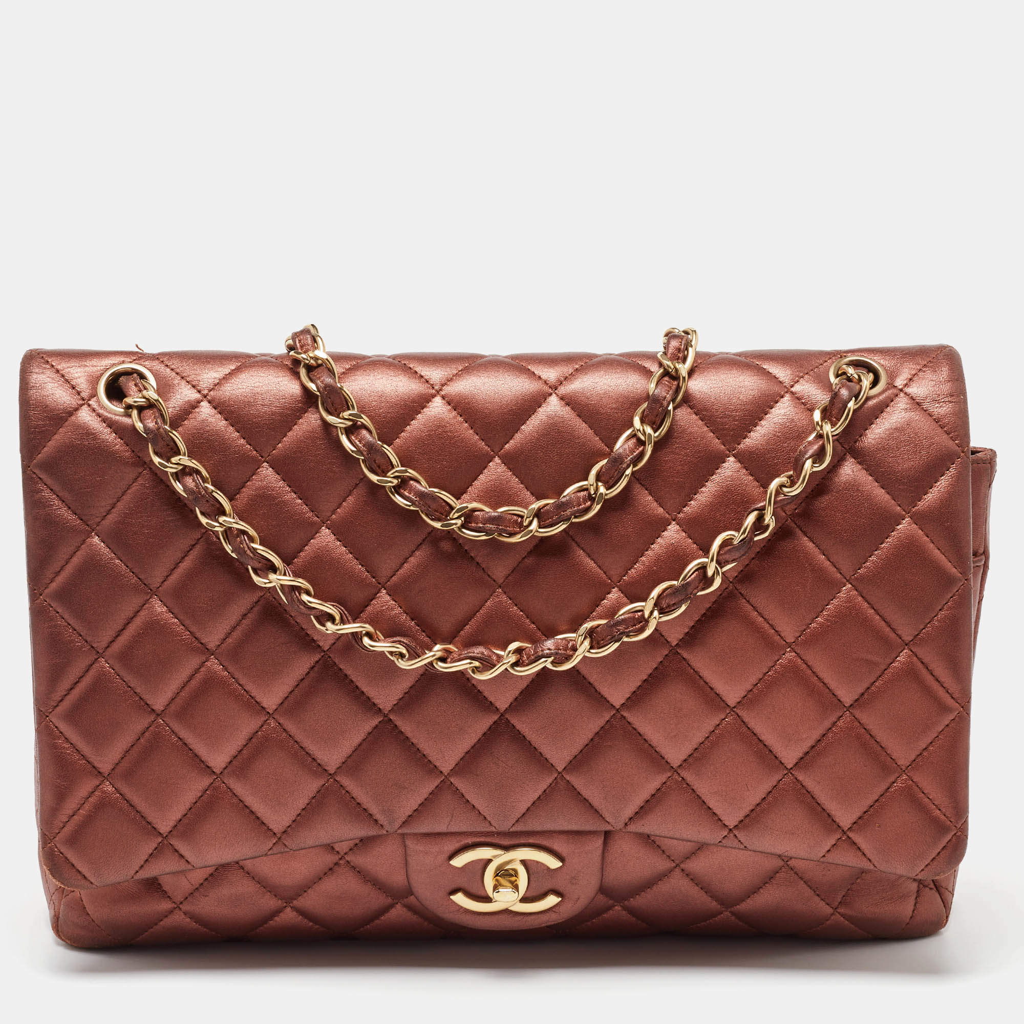 Pre Owned Chanel Copper Quilted Leather Maxi Classic Double Flap Bag
