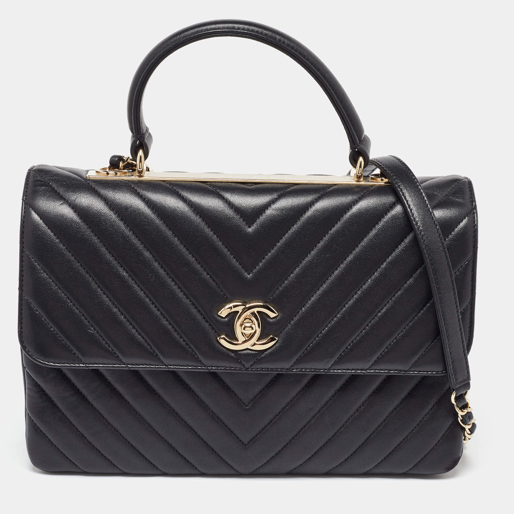 Pre Owned Chanel Black Chevron Leather Medium Trendy CC Top Handle Bag