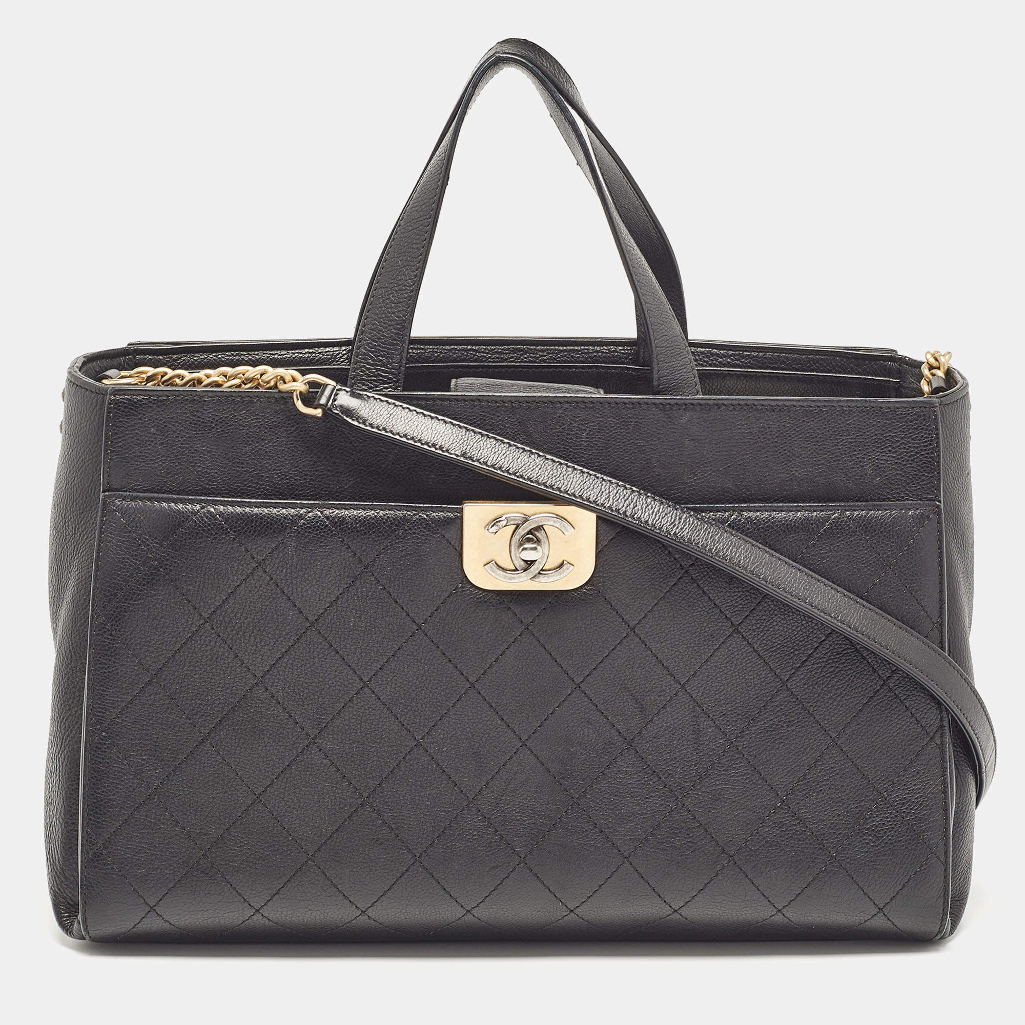 Chanel Black Quilted Caviar Leather Straight Line Tote