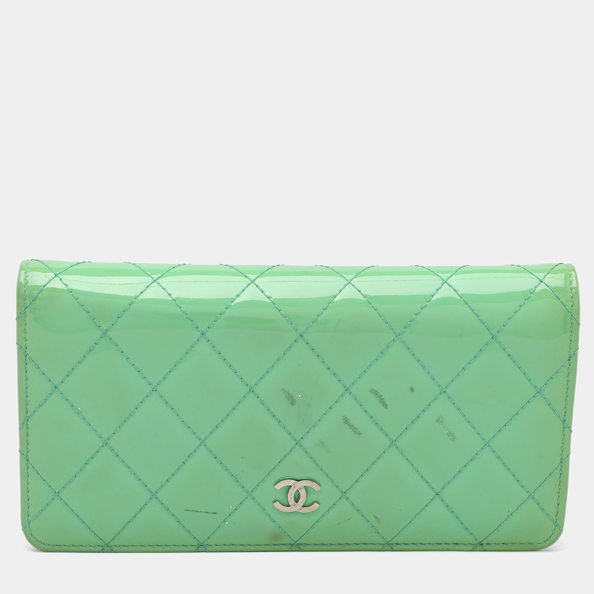 Chanel Green Quilted Patent Leather CC Flap Continental Wallet