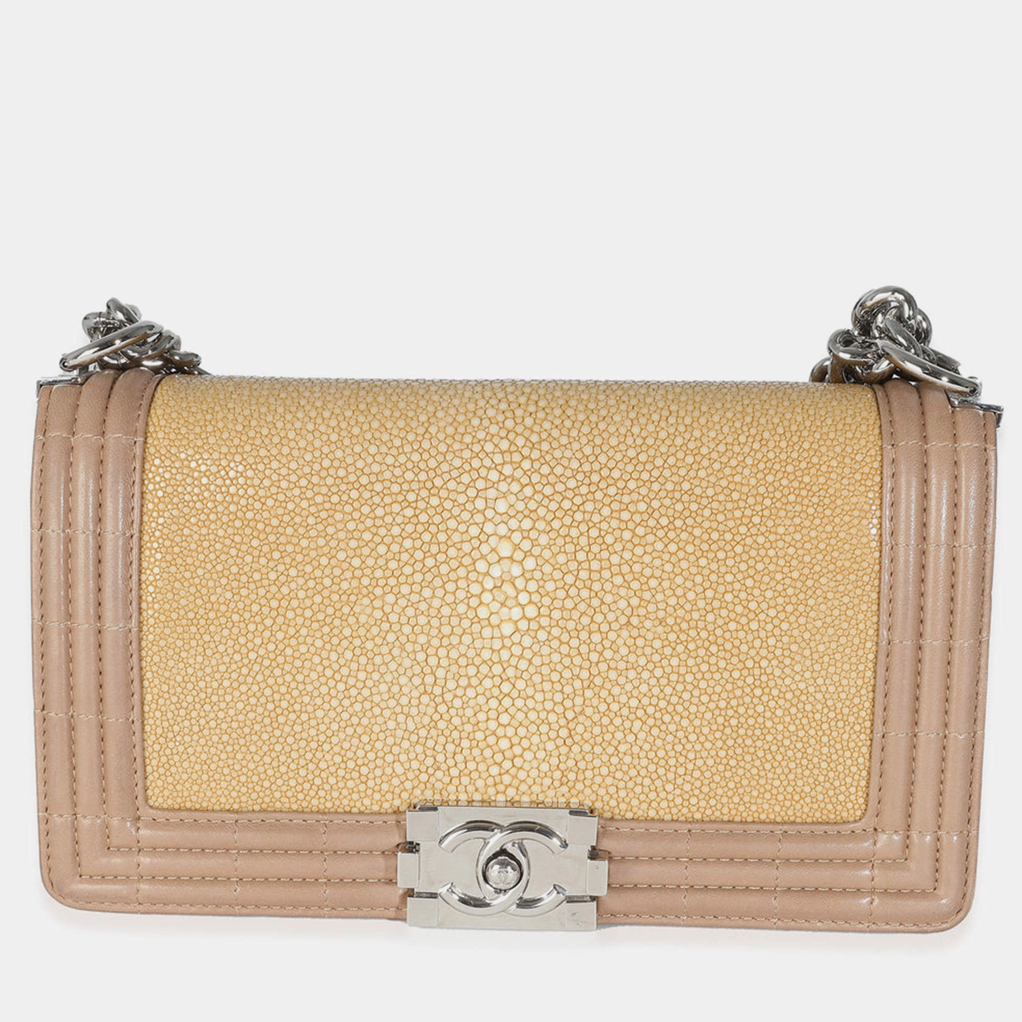 Chanel Beige Galuchat Stingray Lambskin Medium Boy Flap Shoulder Bag