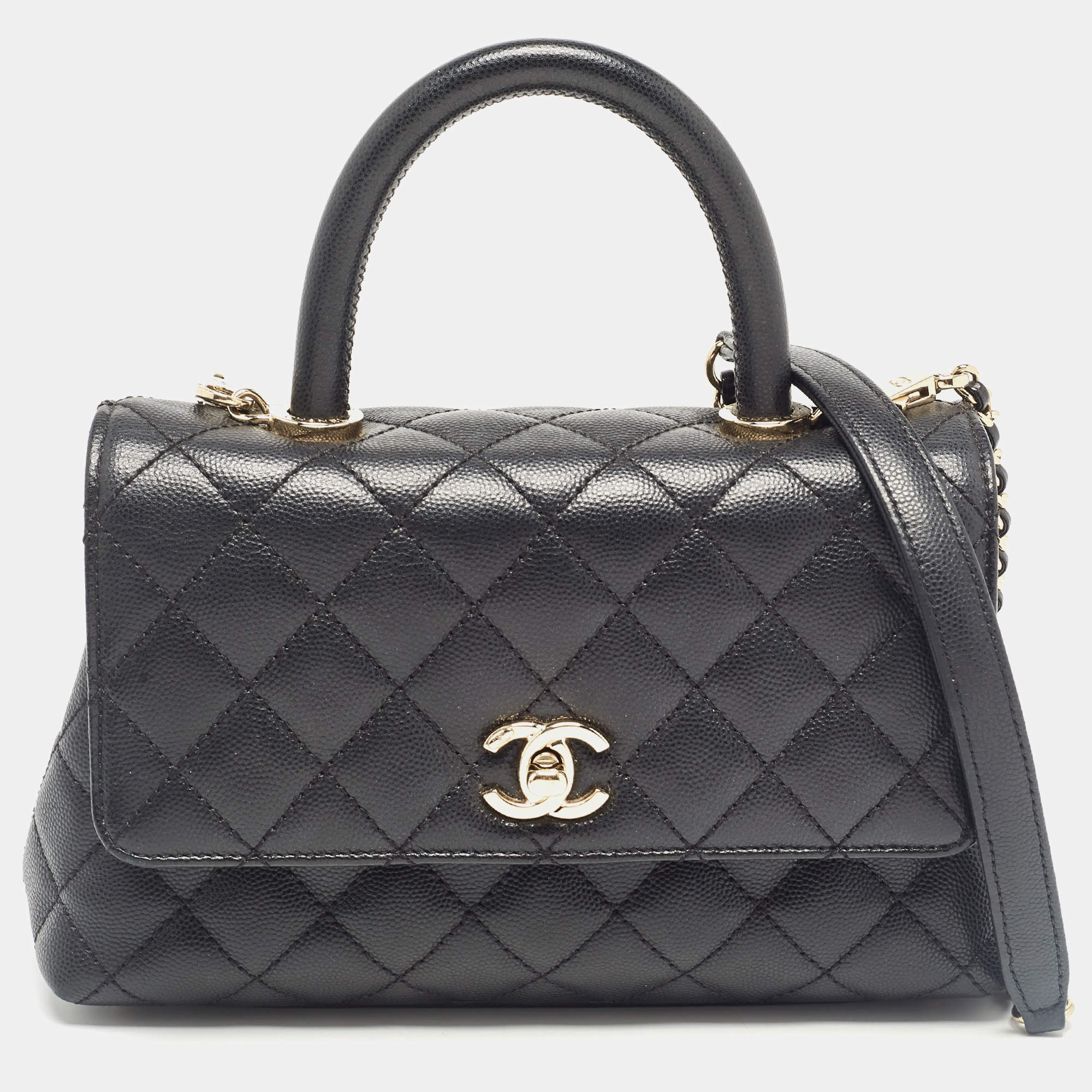 Pre Owned Chanel Black Quilted Caviar Leather Small Coco Top Handle Bag