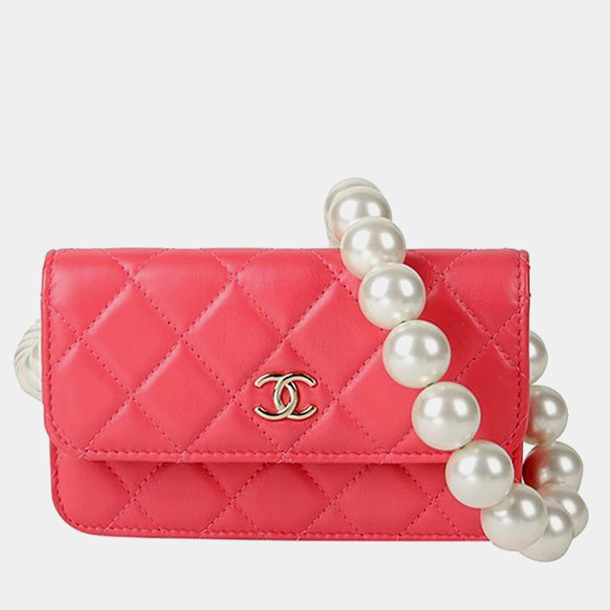 Chanel Pink Leather Pearl Mini Wallet On Chain