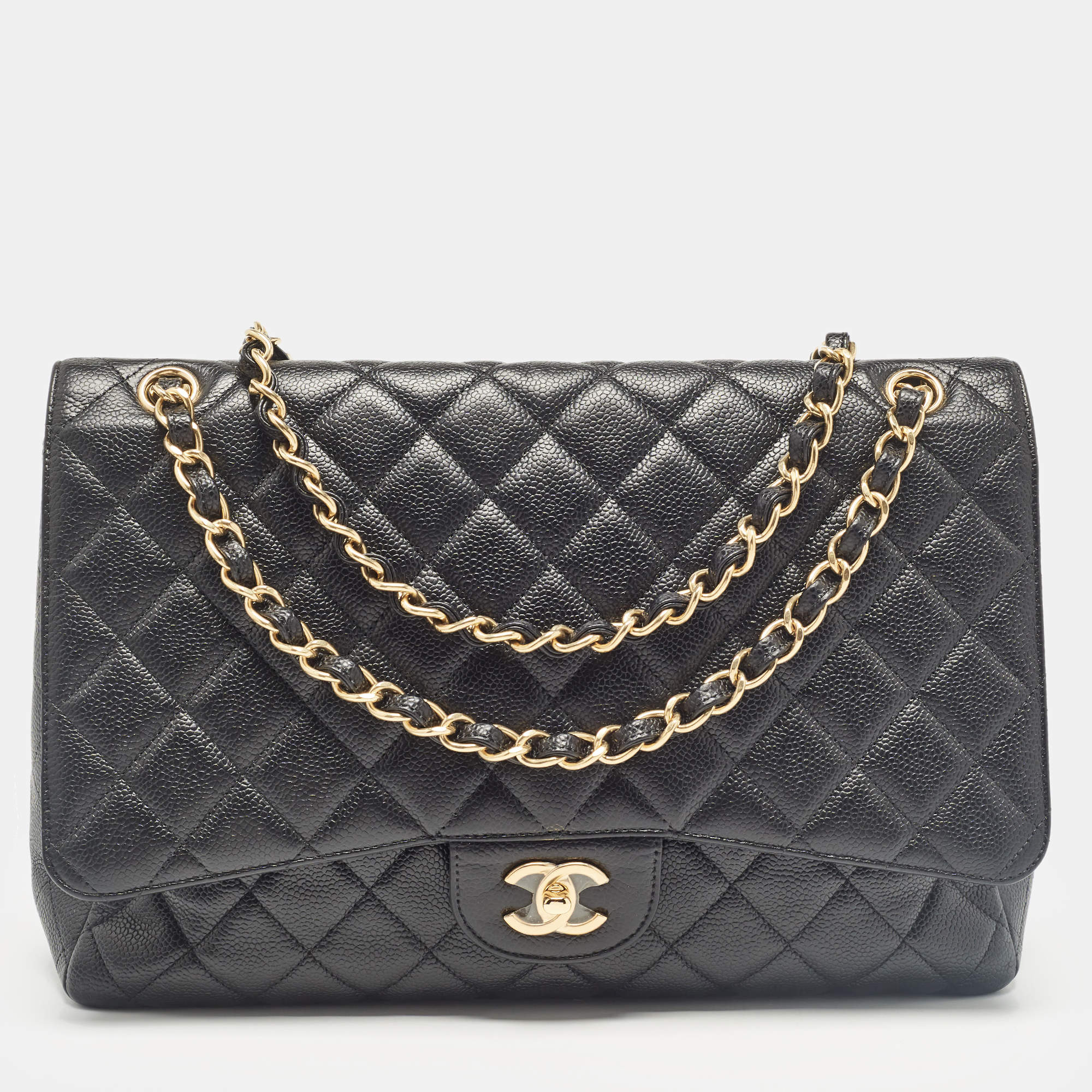 Pre Owned Chanel Black Quilted Caviar Leather Maxi Classic Single Flap Bag