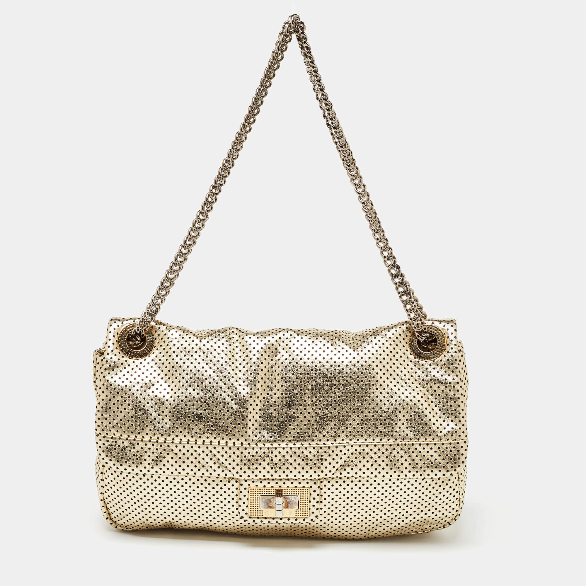 Pre Owned Chanel Gold Drill Perforated Leather 2.55 Reissue Classic Flap Bag