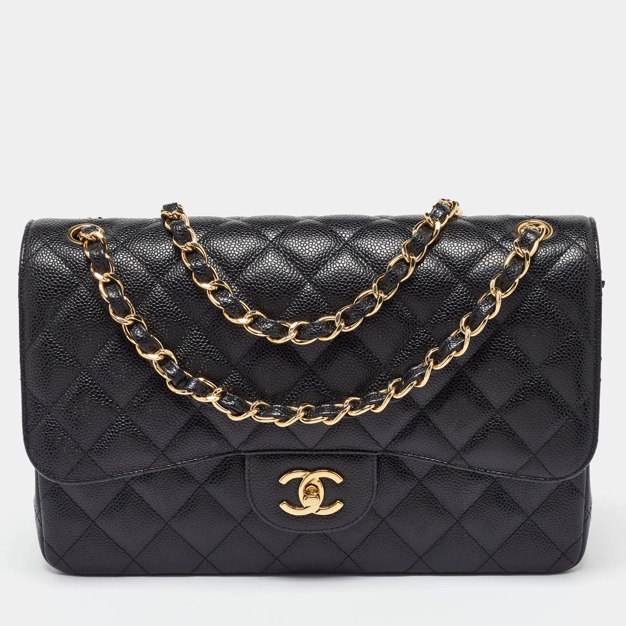 Pre Owned Chanel Black Caviar Quilted Leather Jumbo Classic Double Flap Bag