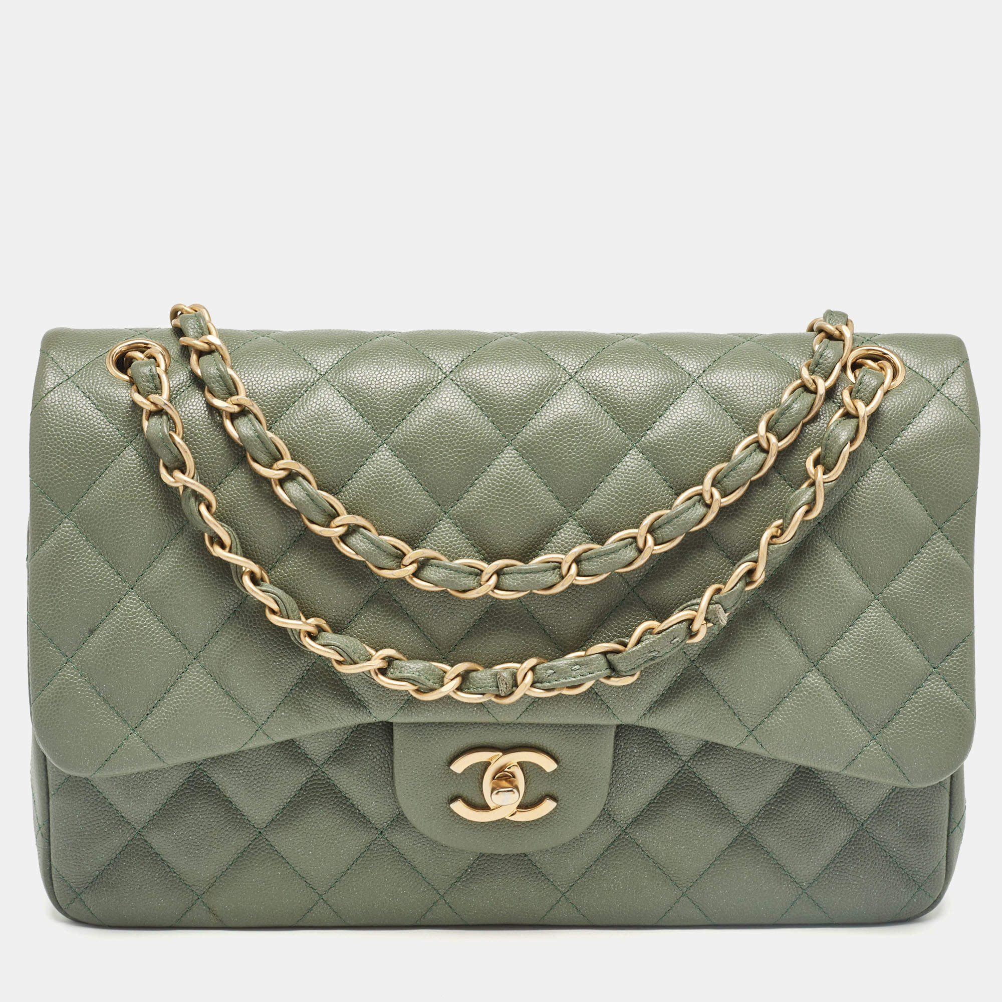 Pre Owned Chanel Green Quilted Caviar Leather Jumbo Classic Double Flap Bag