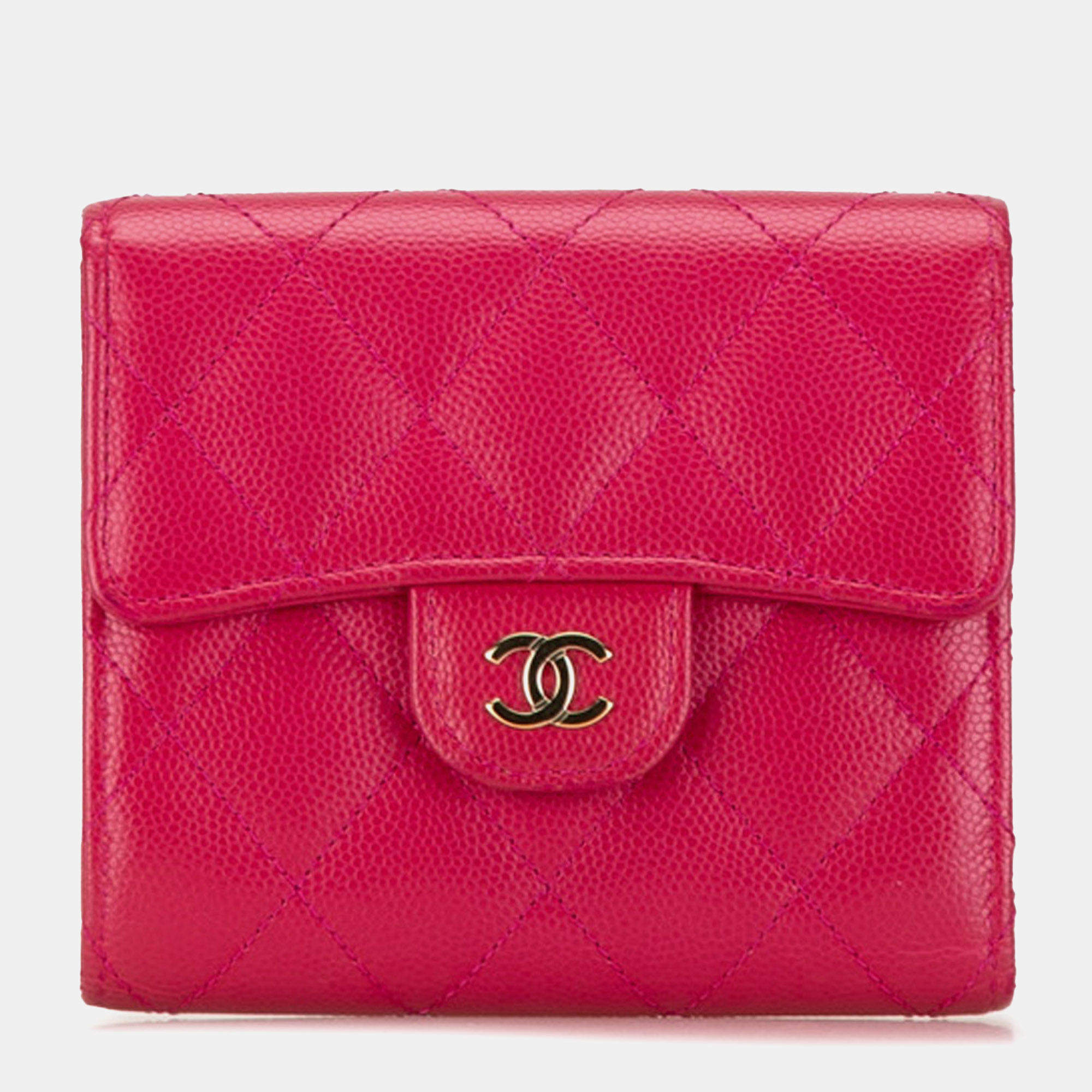 Chanel Pink Caviar Leather Compact Flap Wallet