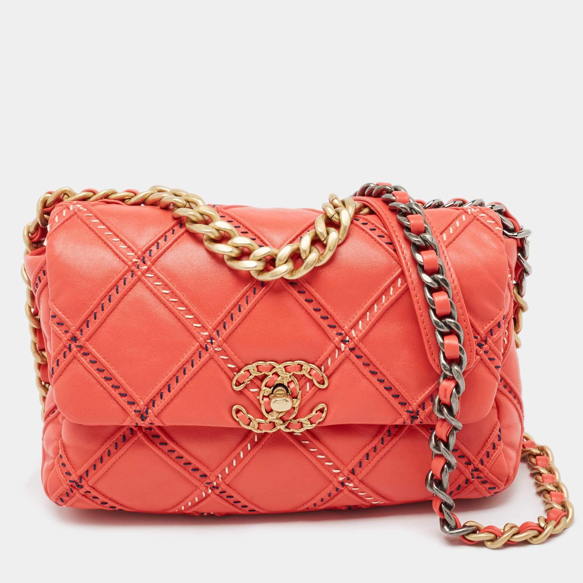 Chanel Red Quilted Wild Stitch Leather Medium 19 Flap Bag