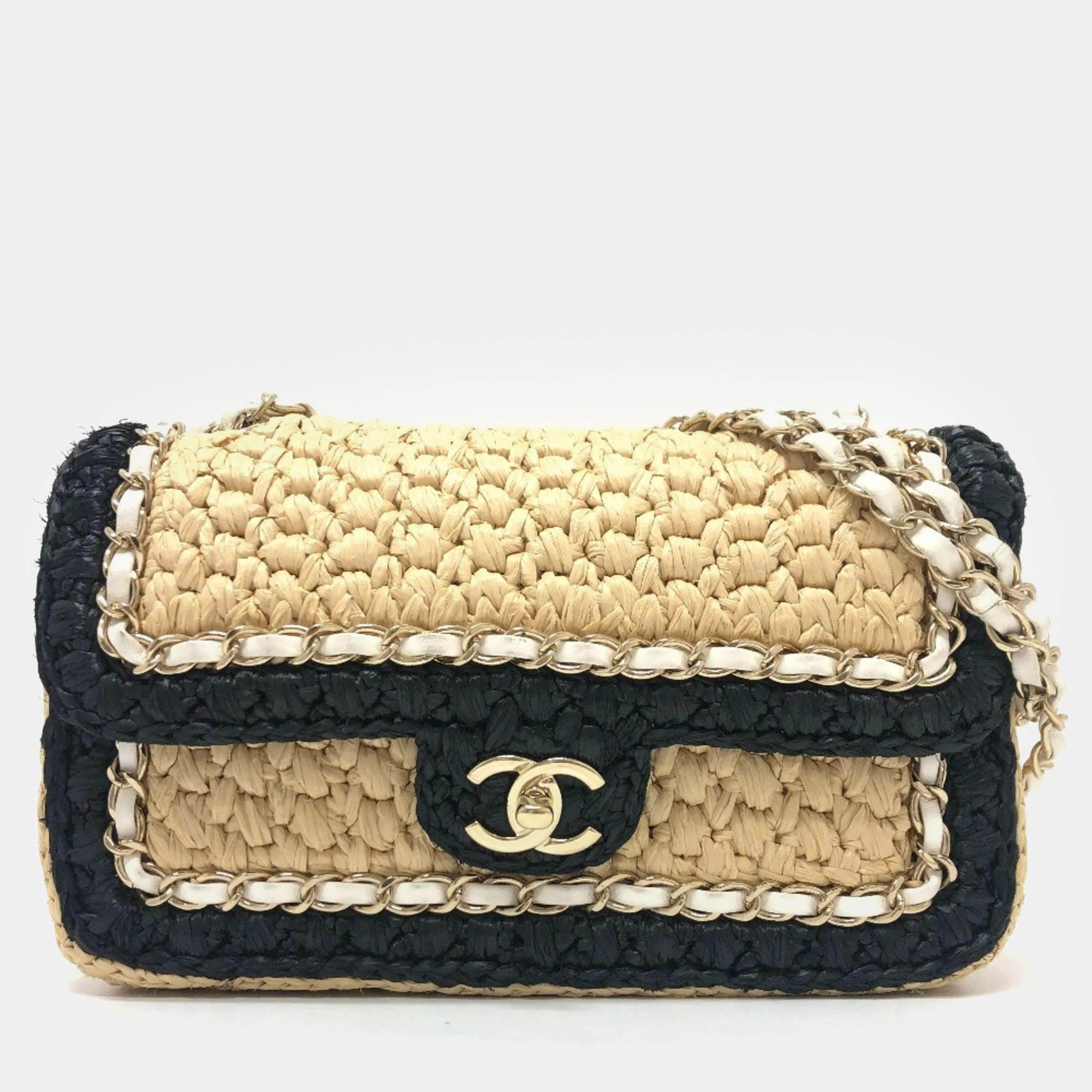 Chanel Beige/Black Raffia Flap Bag
