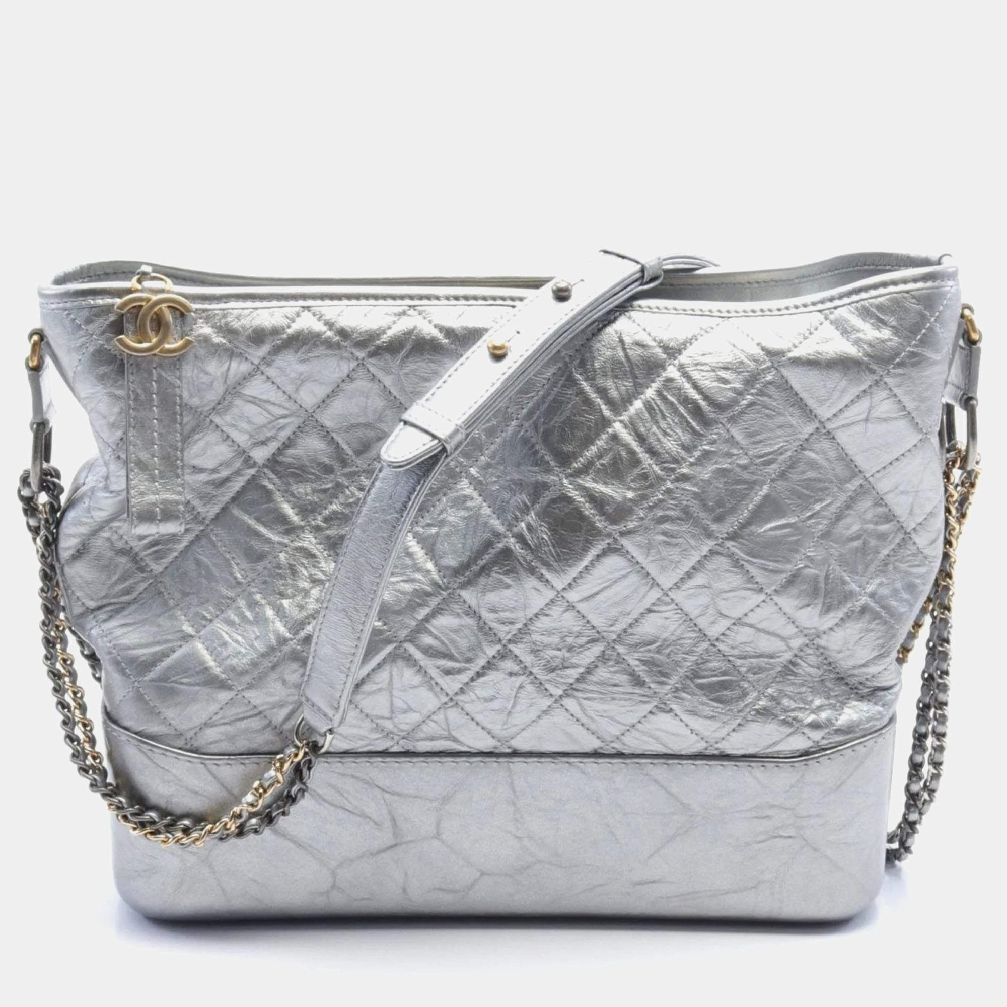 Chanel Silver Leather Medium Gabrielle Shoulder Bags