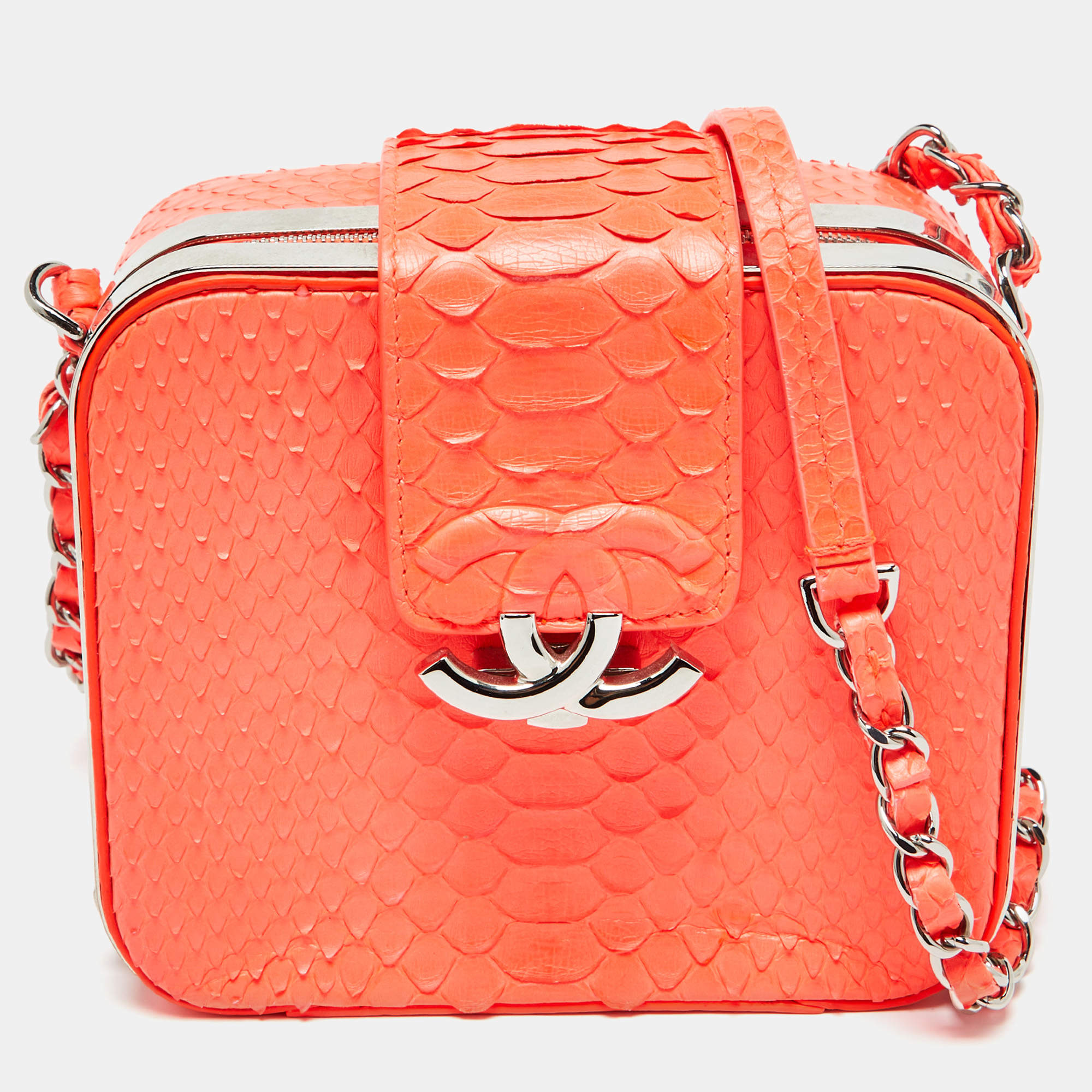 Pre Owned Chanel Neon Orange Quilted Python Mini CC Box Camera Bag
