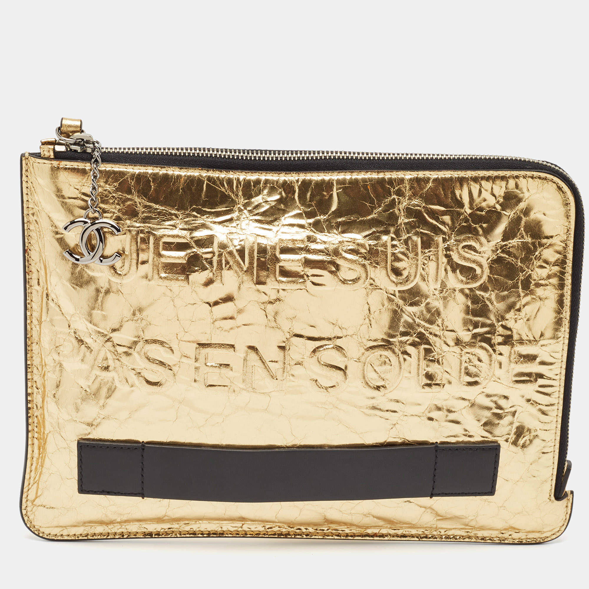 Pre Owned Chanel Metallic Gold Crinkled Leather Je Ne Suis Pas En Solde Clutch
