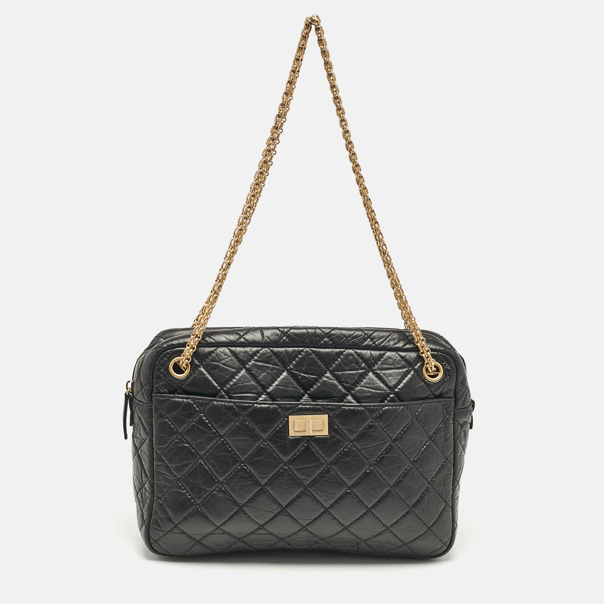Pre Owned Chanel Black Quilted Aged Leather Large Reissue Camera Shoulder Bag