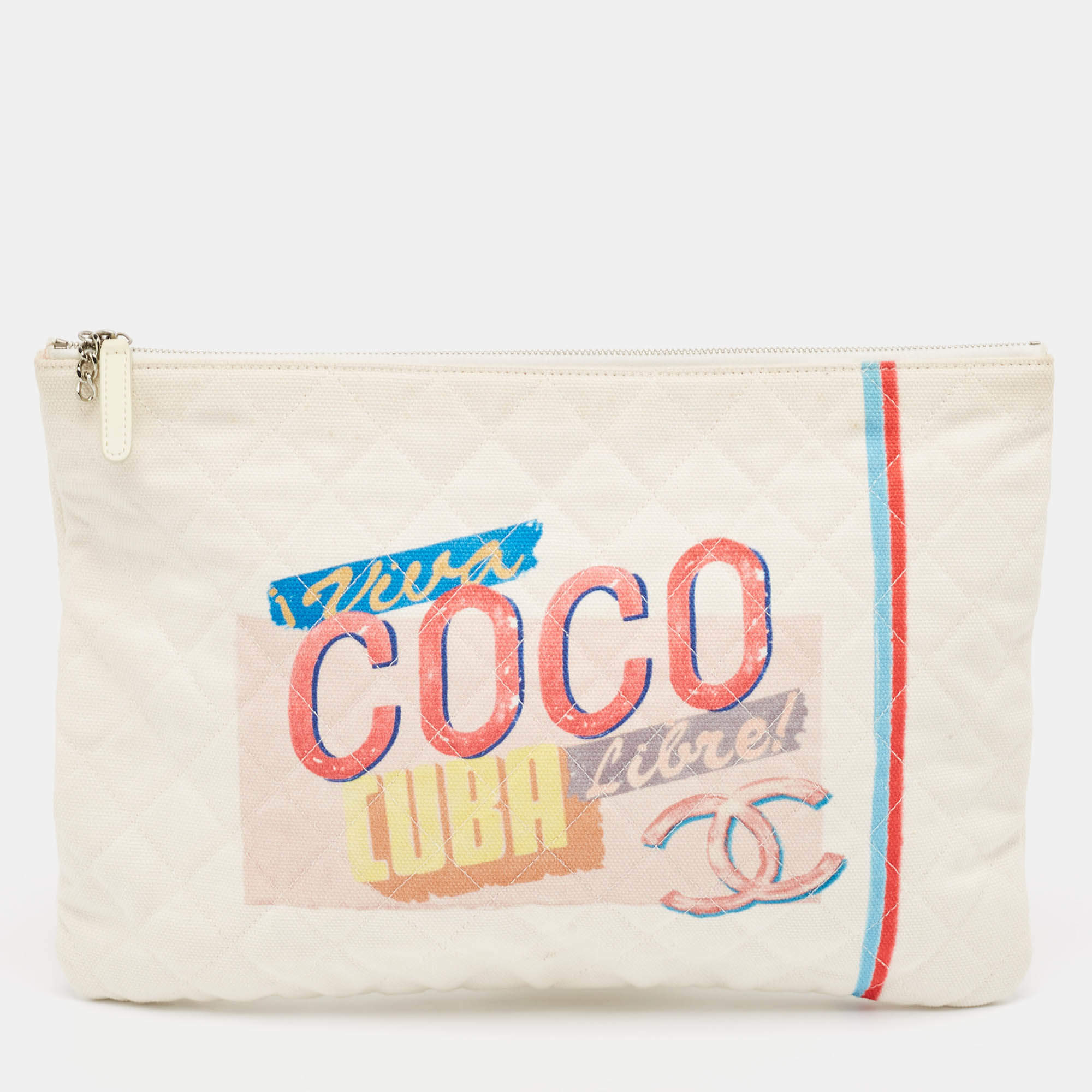 Pre Owned Chanel White Quilted Canvas Coco Cuba O-Case Clutch