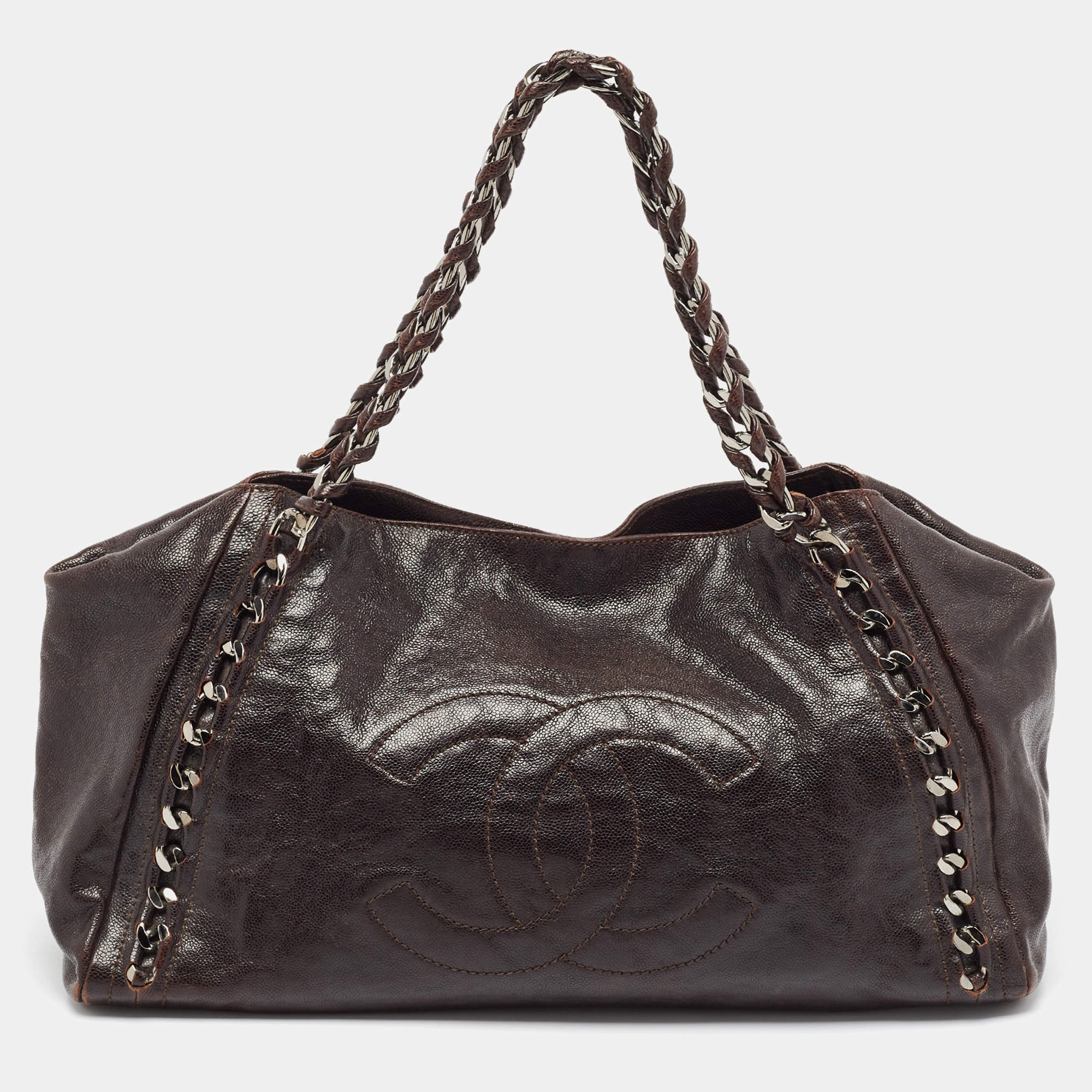 Pre Owned Chanel Dark Brown Caviar Leather Modern Chain East West Tote