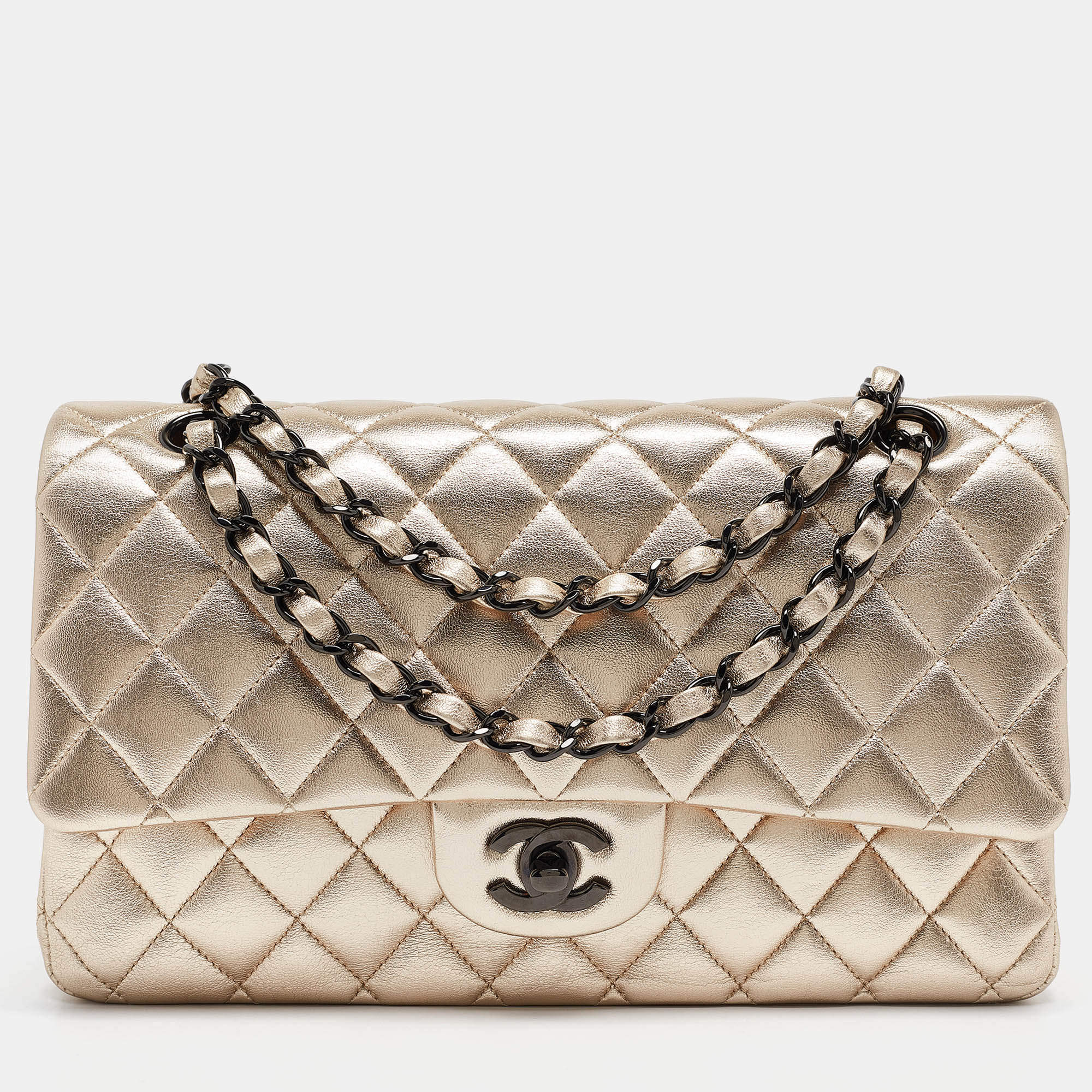 Pre Owned Chanel Gold Quilted Leather Medium Classic Double Flap Bag