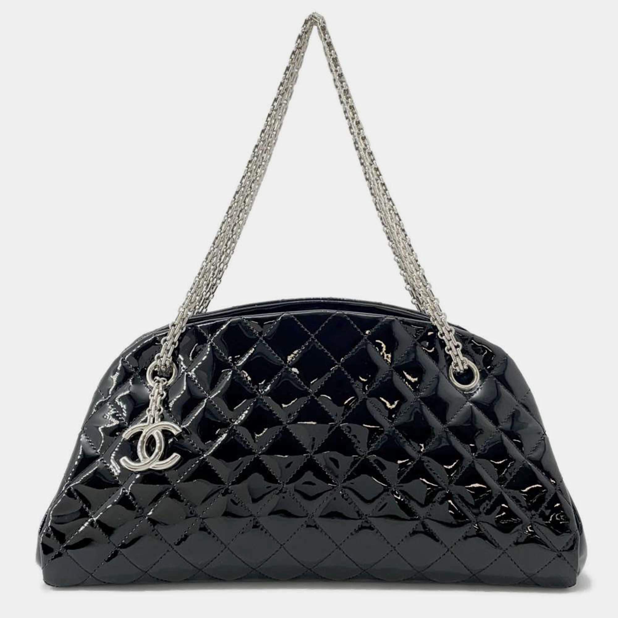 Chanel Black Patent Quilted Medium Just Mademoiselle Bowling Bag 