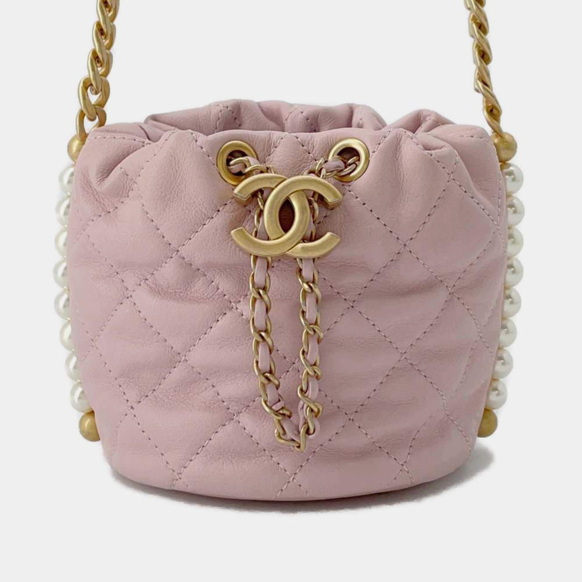 Chanel Light Pink Calfskin Quilted Pearl Mini About Pearls Drawstring Bucket Bag