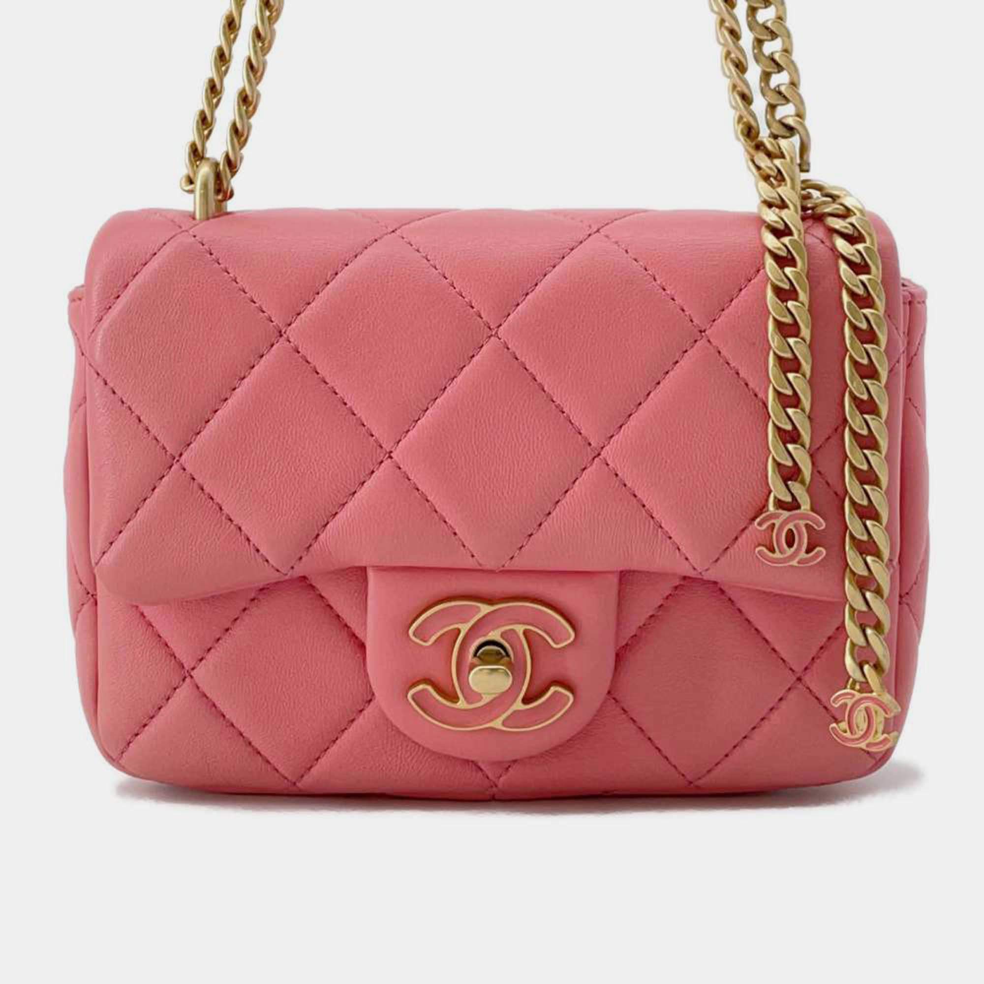 Chanel Pink Lambskin Enamel Quilted Pending CC Mini Square Flap Bag