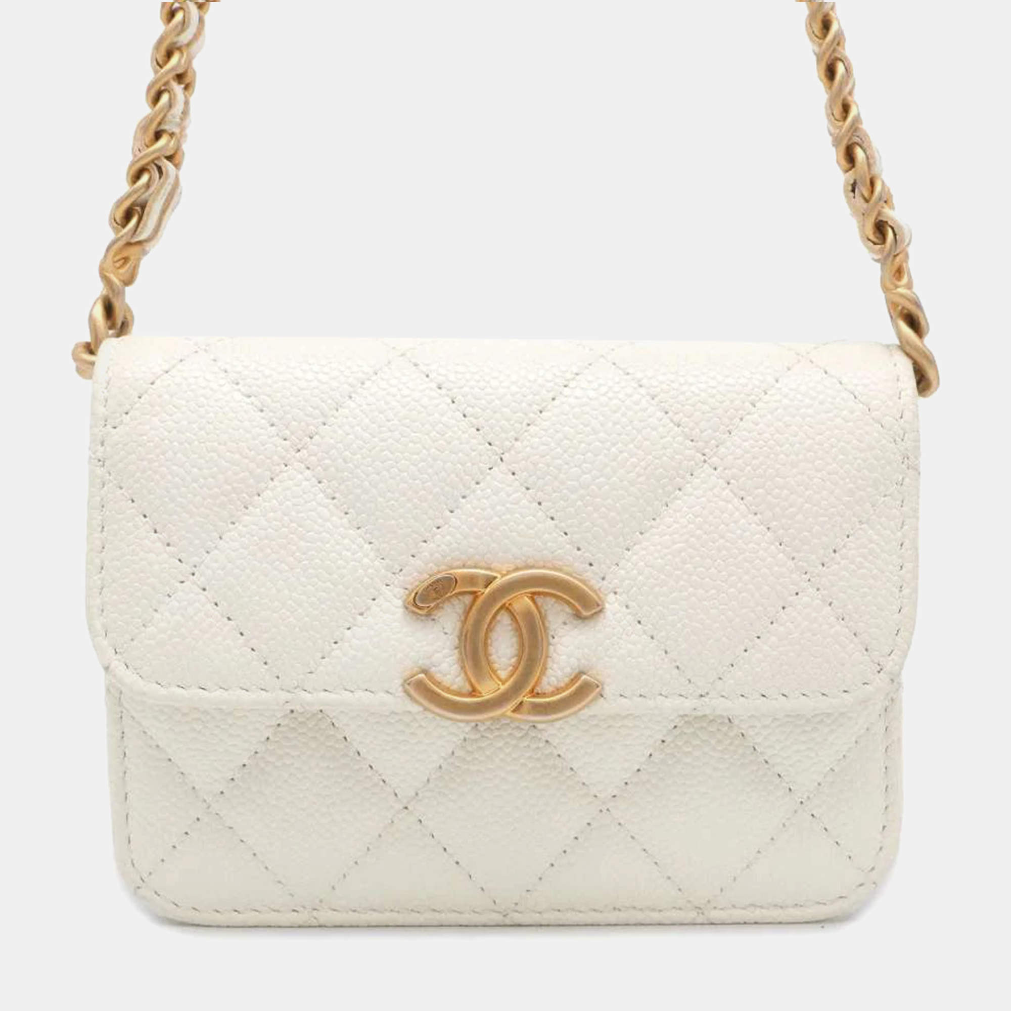 Chanel White Leather CC Flap Coin Purse on Chain