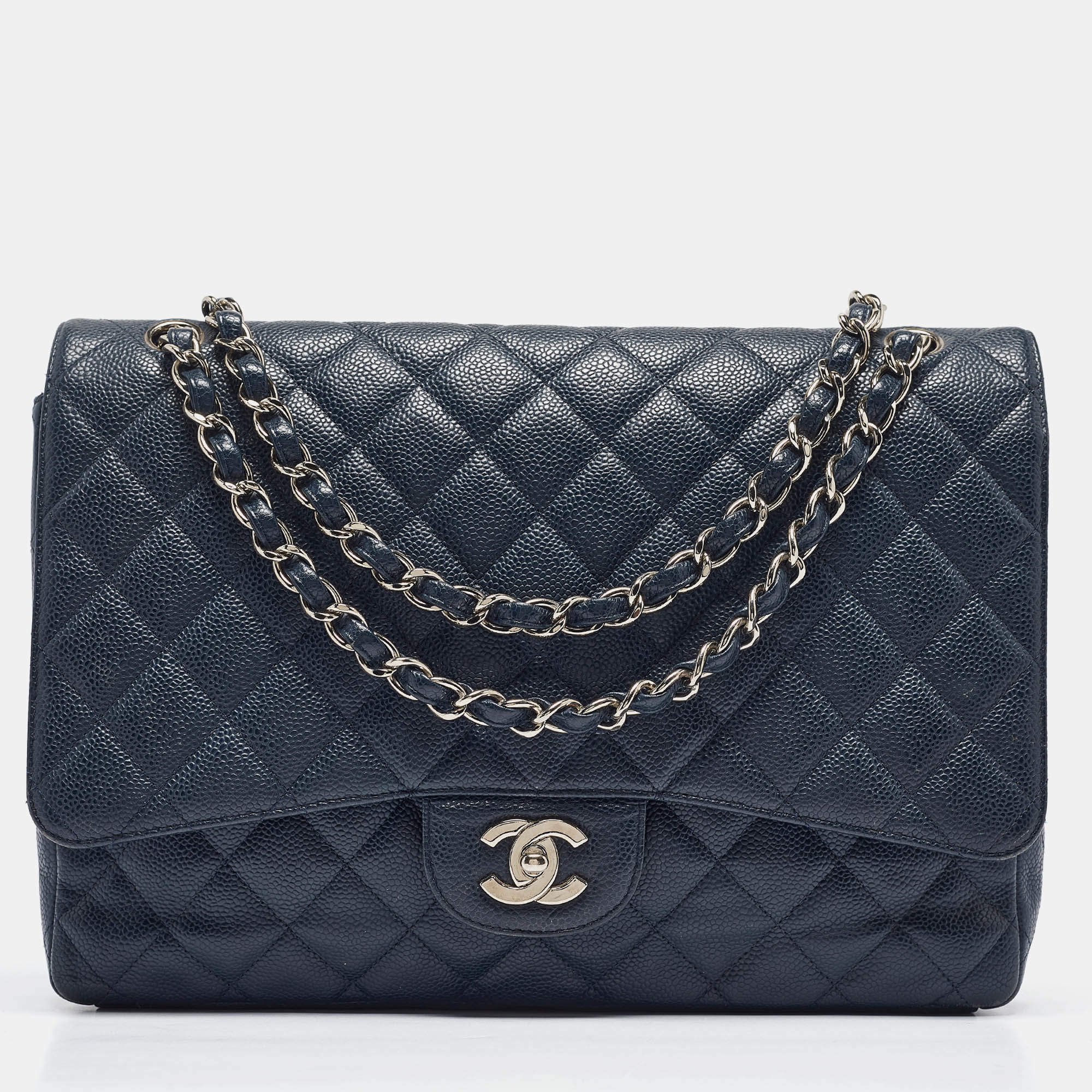 Pre Owned Chanel Navy Blue Quilted Caviar Leather Maxi Classic Single Flap Bag
