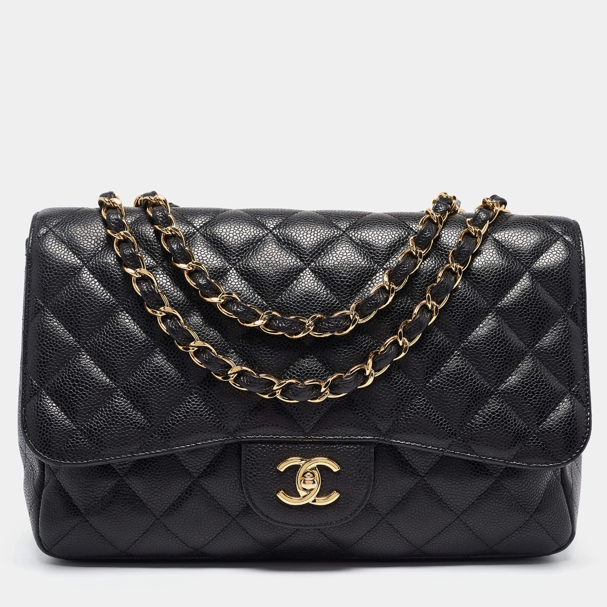 Pre Owned Chanel Black Quilted Caviar Leather Jumbo Classic Single Flap Bag