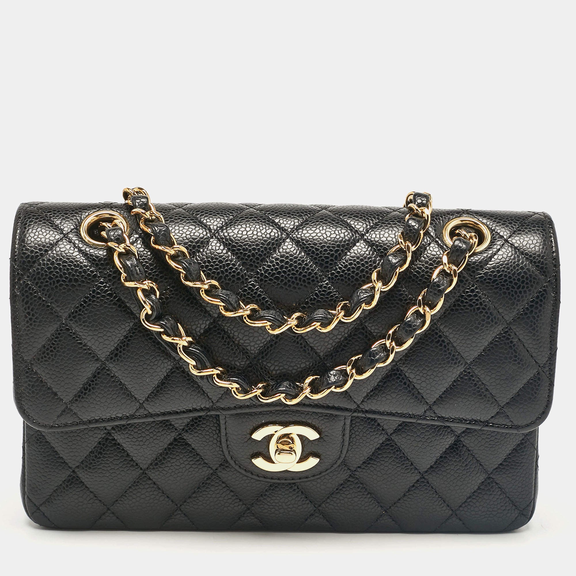 Pre Owned Chanel Black Quilted Caviar Leather Small Classic Double Flap Bag