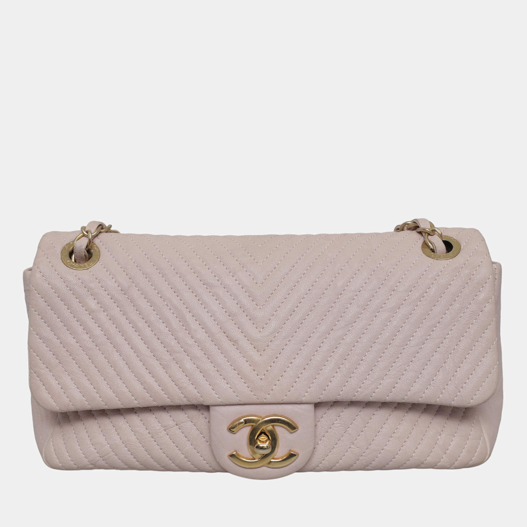 Chanel Soft Pink Leather Chevron Medium Flap Shoulder Bag