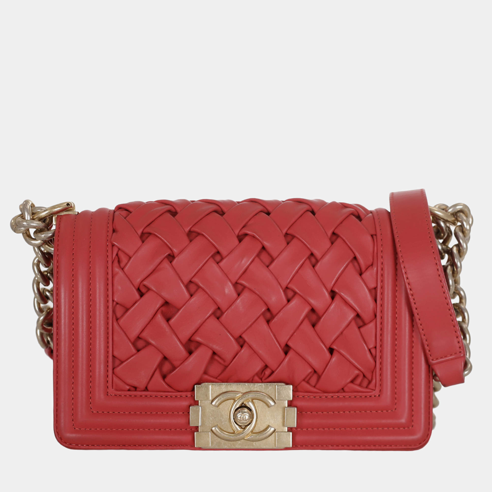 Chanel Red Leather Small Woven Boy Bag